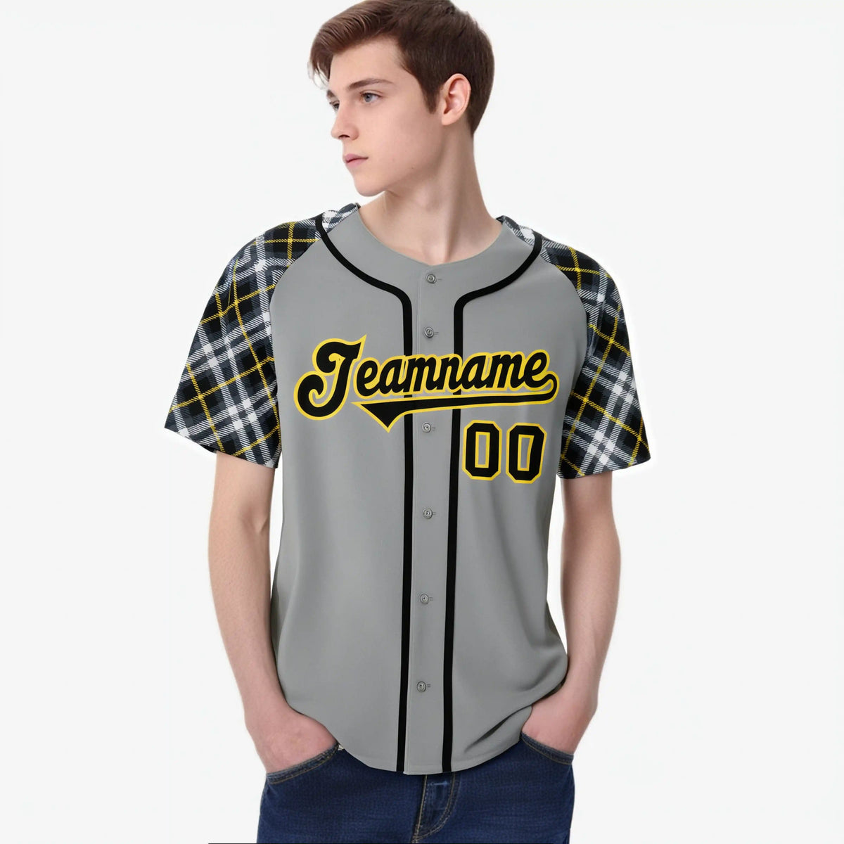 Custom Gray Black-Yellow Authentic Plaid sleeve Baseball Jersey