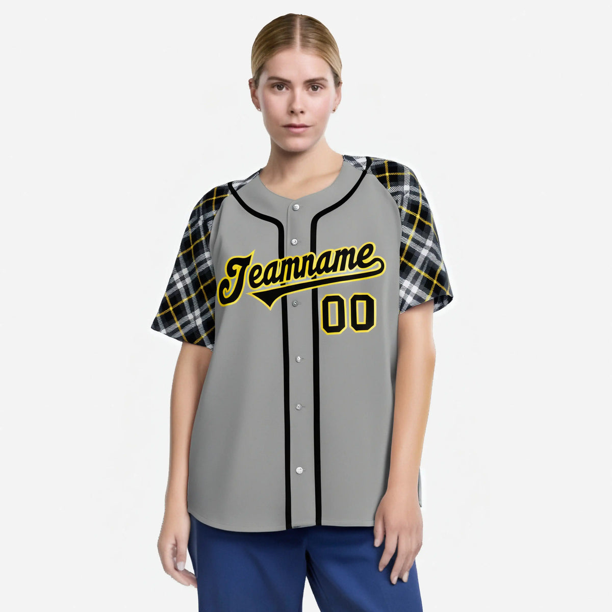 Custom Gray Black-Yellow Authentic Plaid sleeve Baseball Jersey