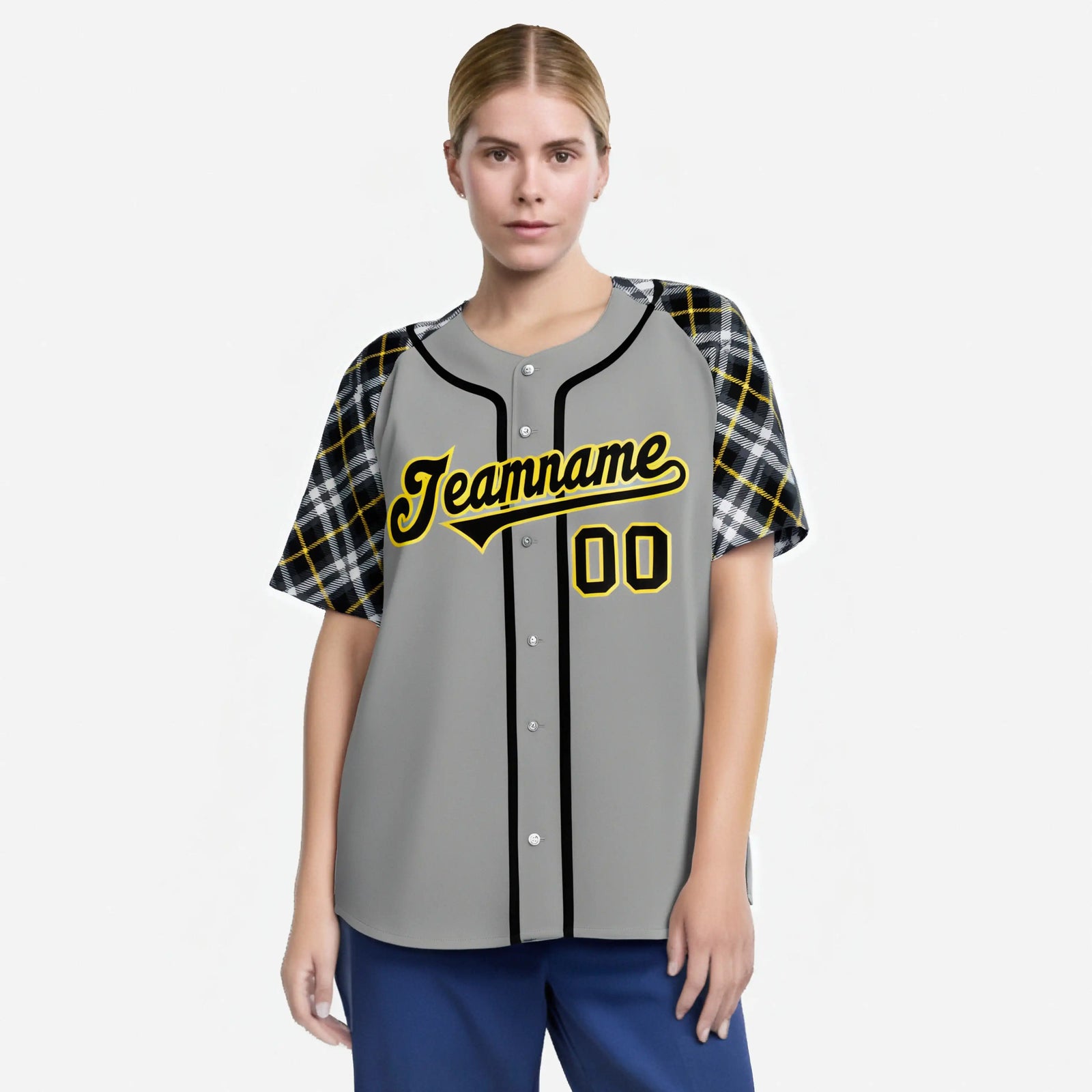 Custom Gray Black-Yellow Authentic Plaid sleeve Baseball Jersey