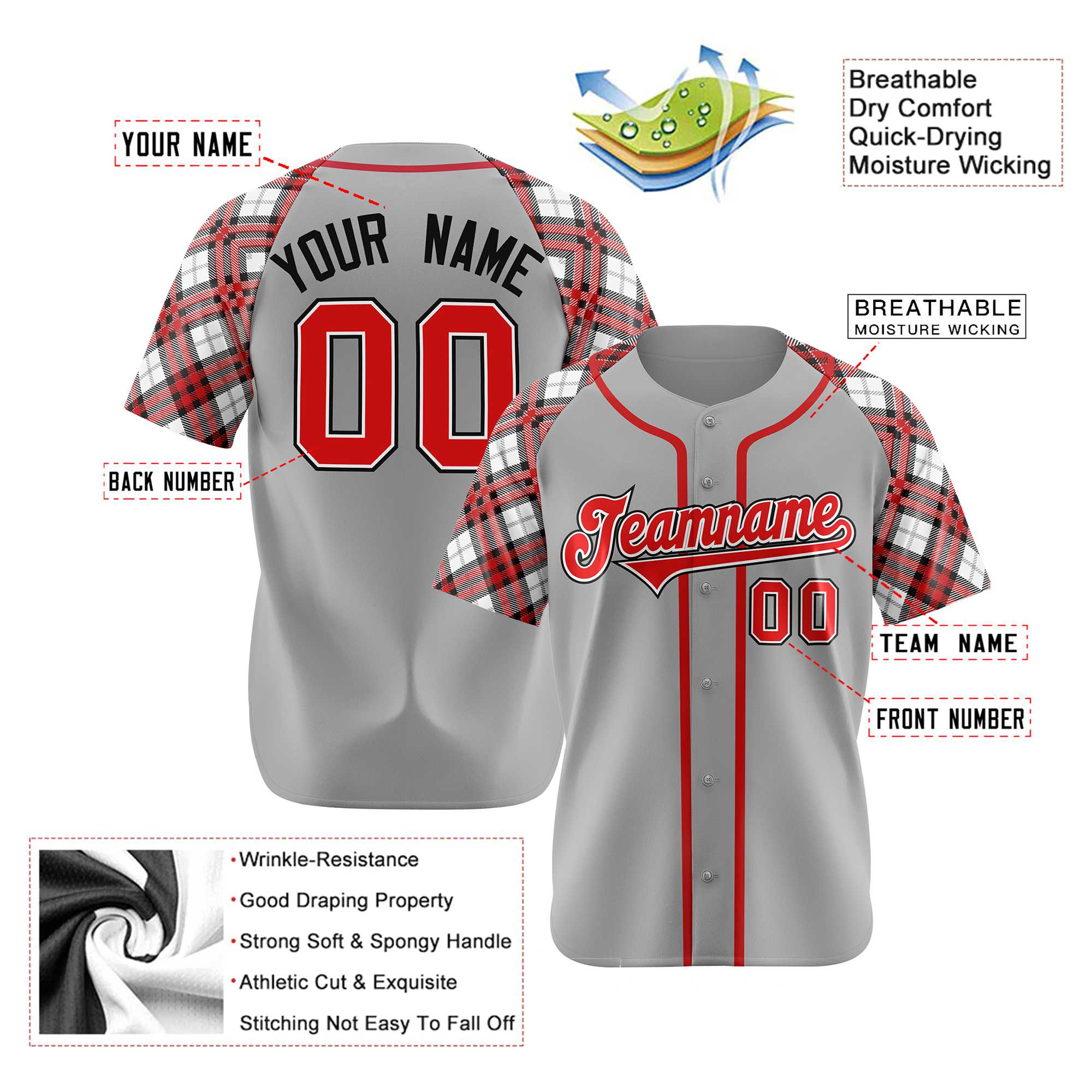 Custom Gray Red-Black Authentic Plaid sleeve Baseball Jersey