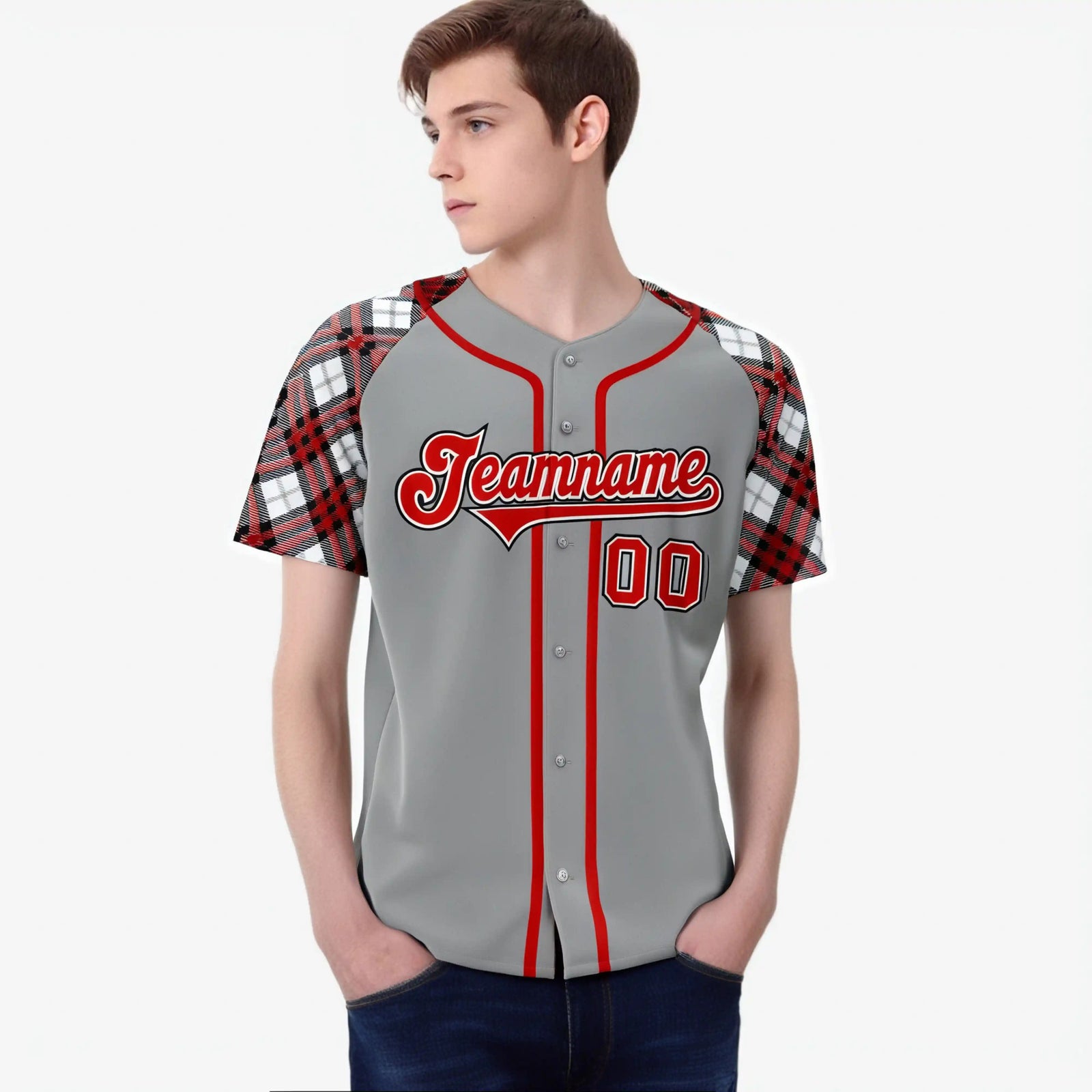 Custom Gray Red-Black Authentic Plaid sleeve Baseball Jersey
