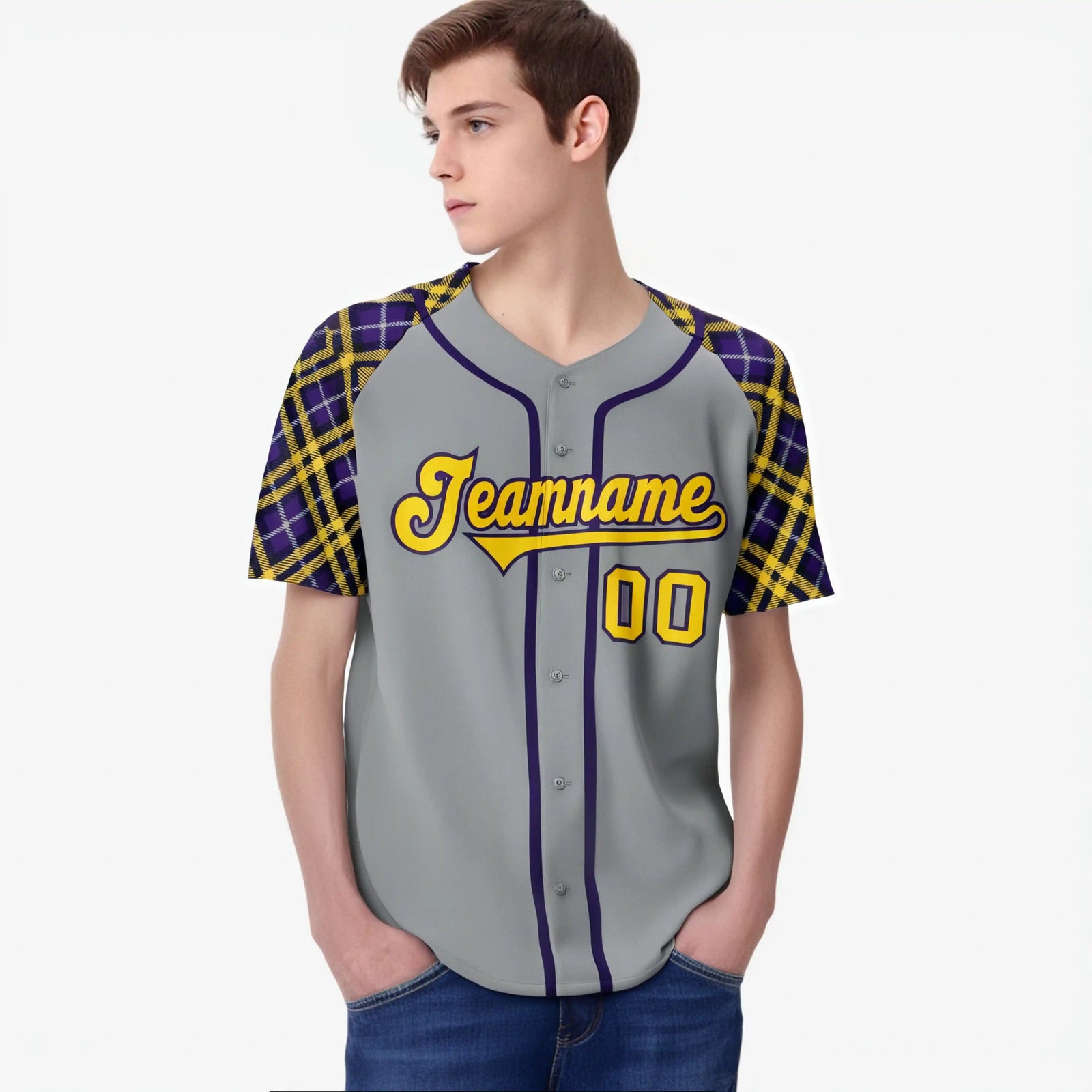 Custom Gray Yellow-Purple Authentic Plaid sleeve Baseball Jersey