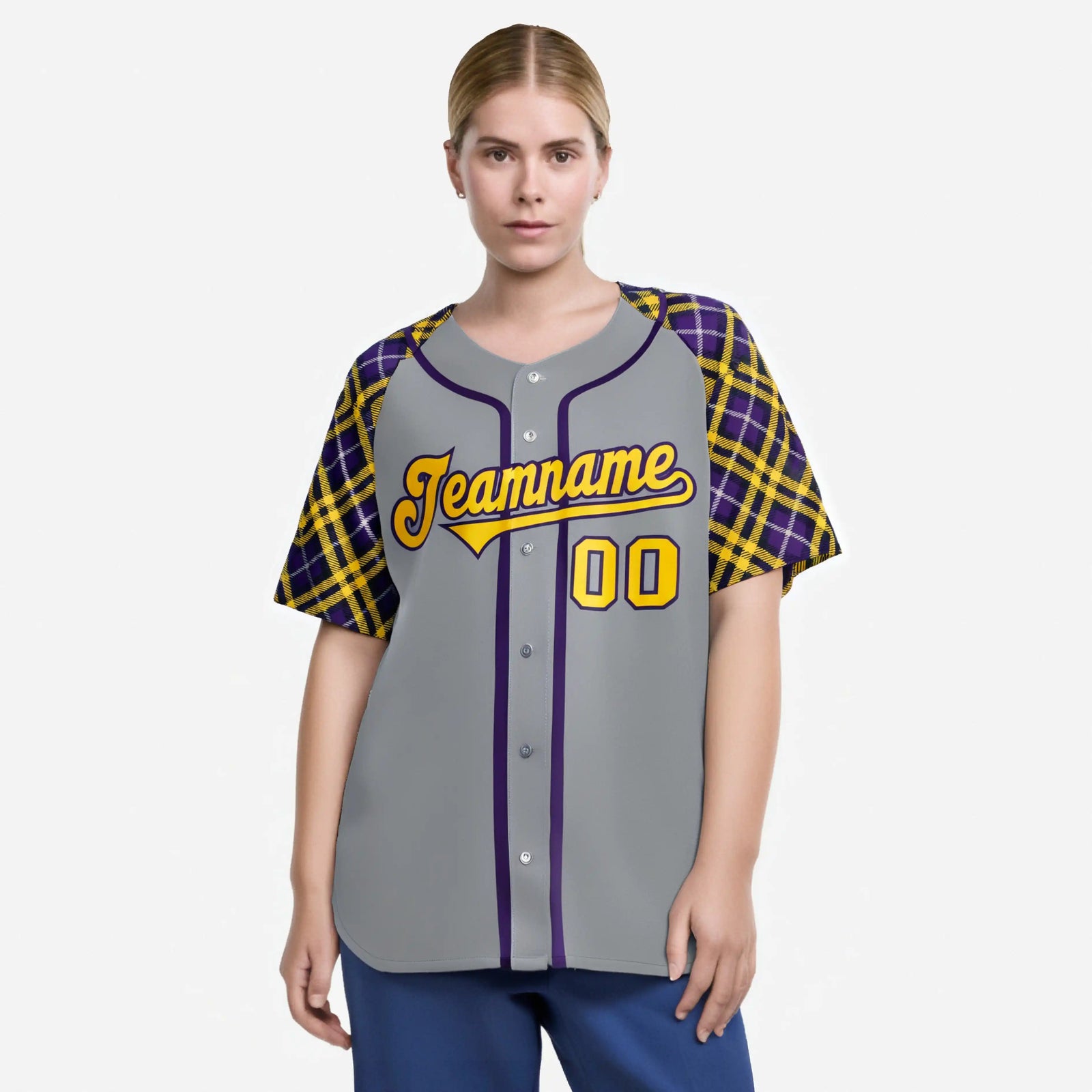 Custom Gray Yellow-Purple Authentic Plaid sleeve Baseball Jersey