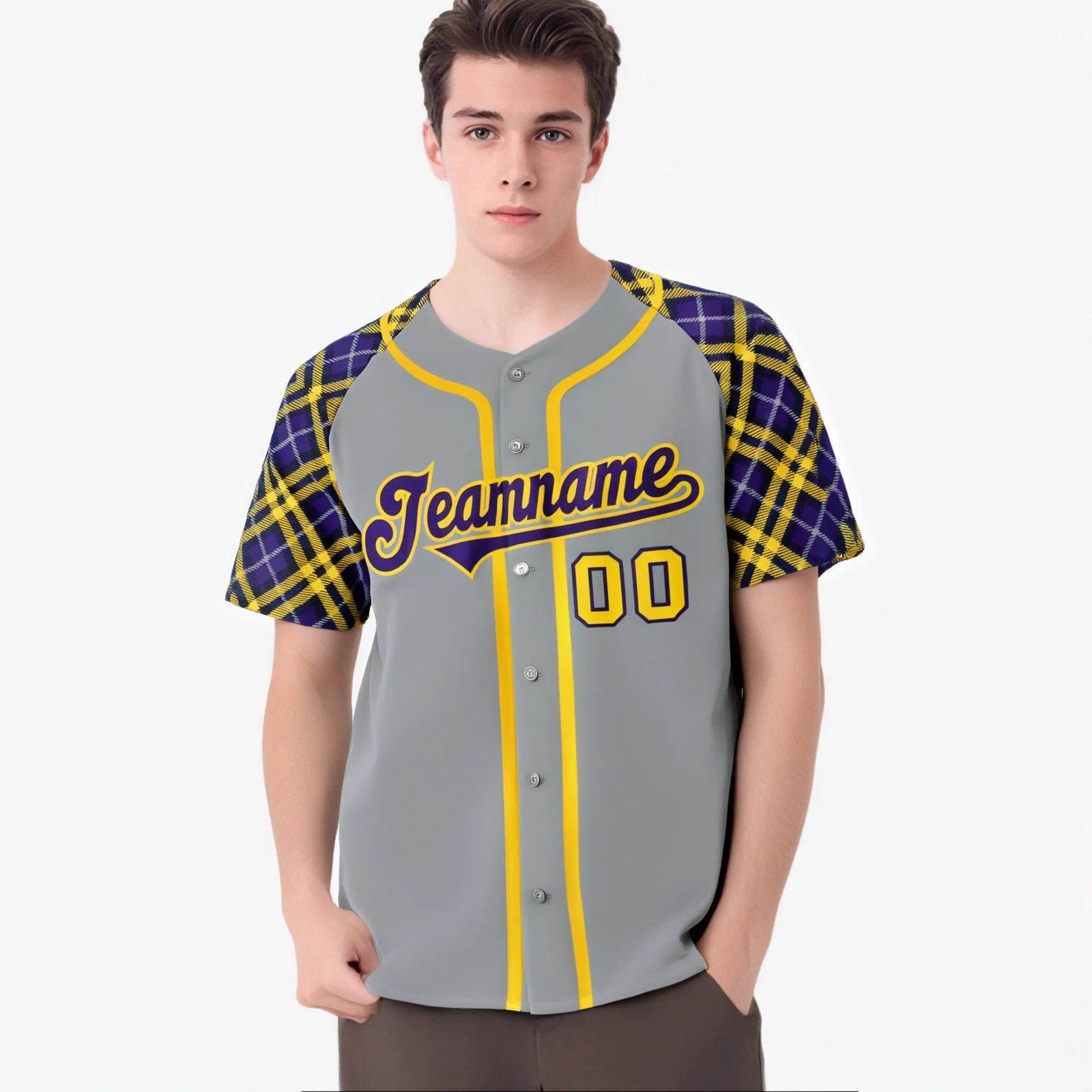 Custom Gray Purple-Yellow Authentic Plaid sleeve Baseball Jersey