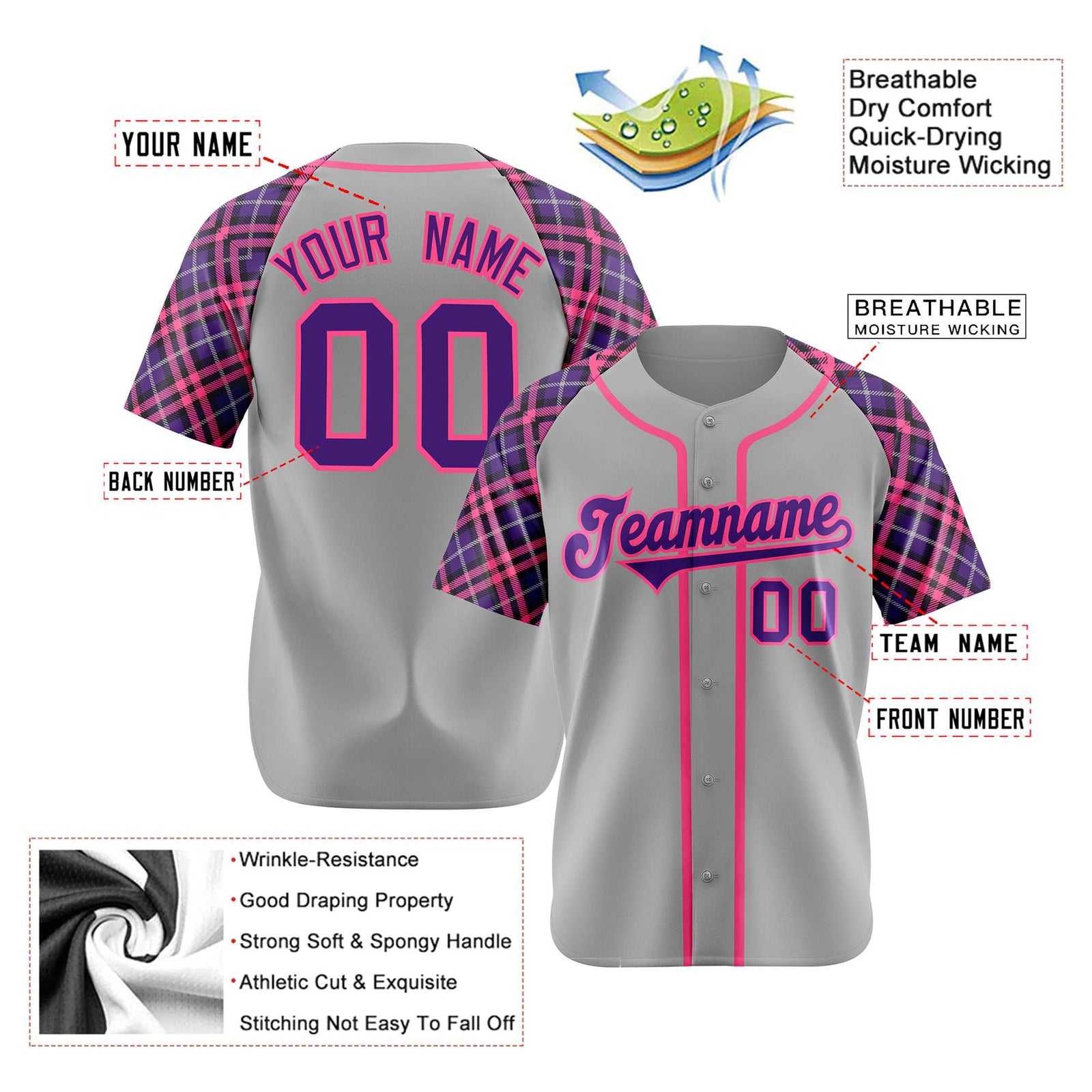 Custom Gray Pink-Purple Authentic Plaid sleeve Baseball Jersey
