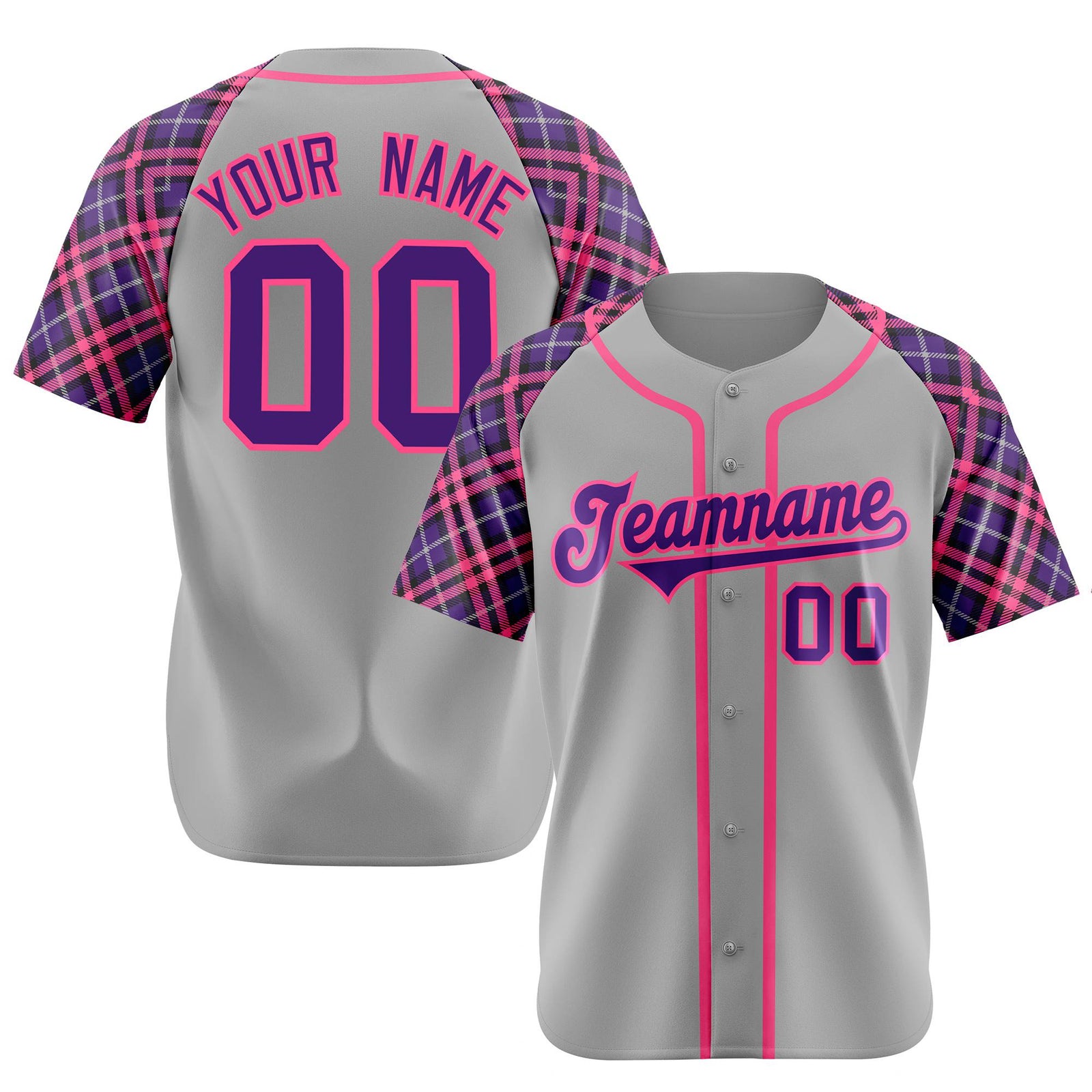 Custom Gray Pink-Purple Authentic Plaid sleeve Baseball Jersey