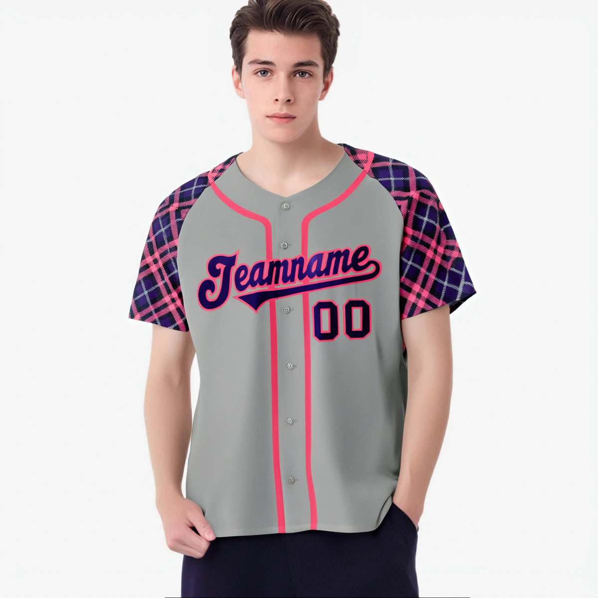 Custom Gray Pink-Purple Authentic Plaid sleeve Baseball Jersey