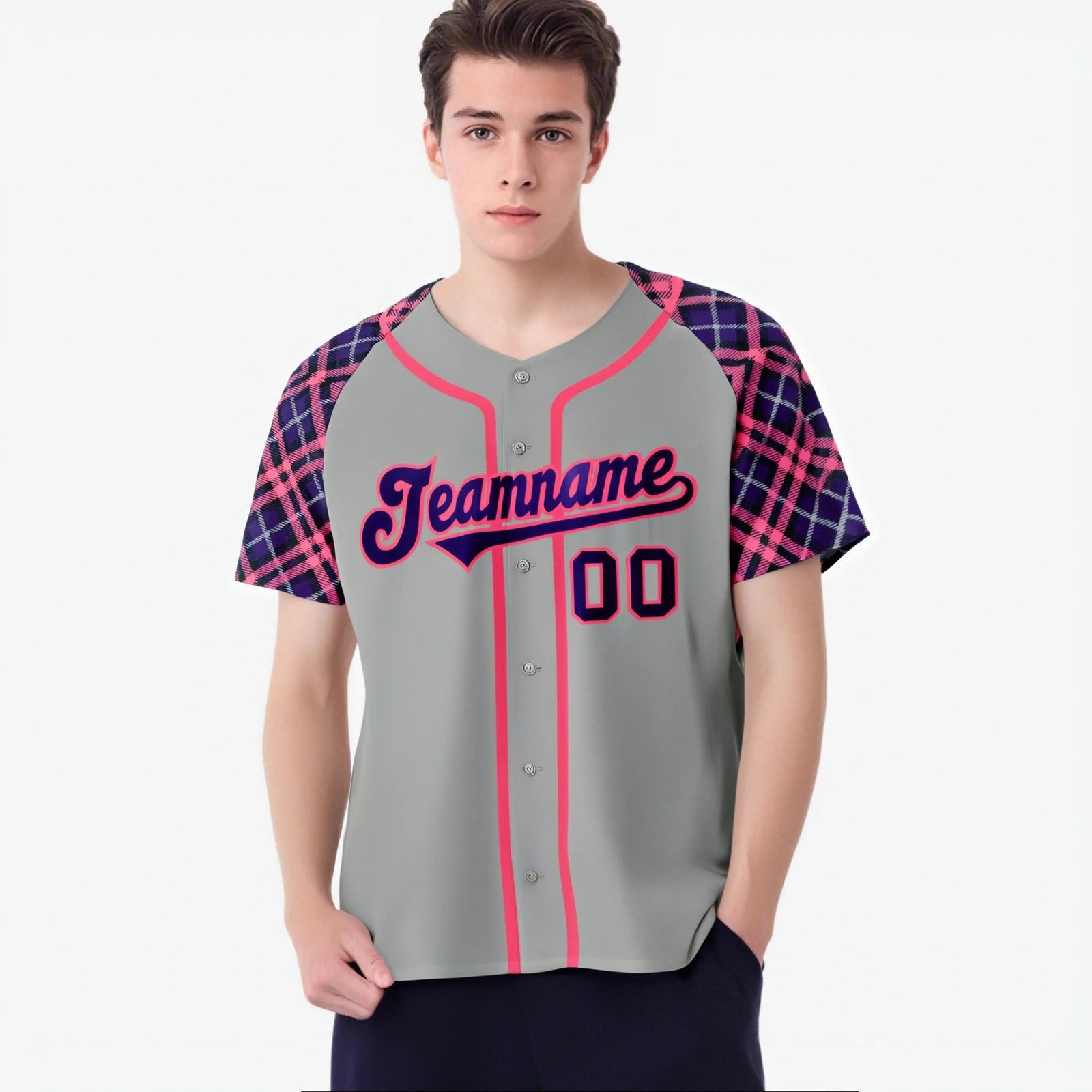 Custom Gray Pink-Purple Authentic Plaid sleeve Baseball Jersey