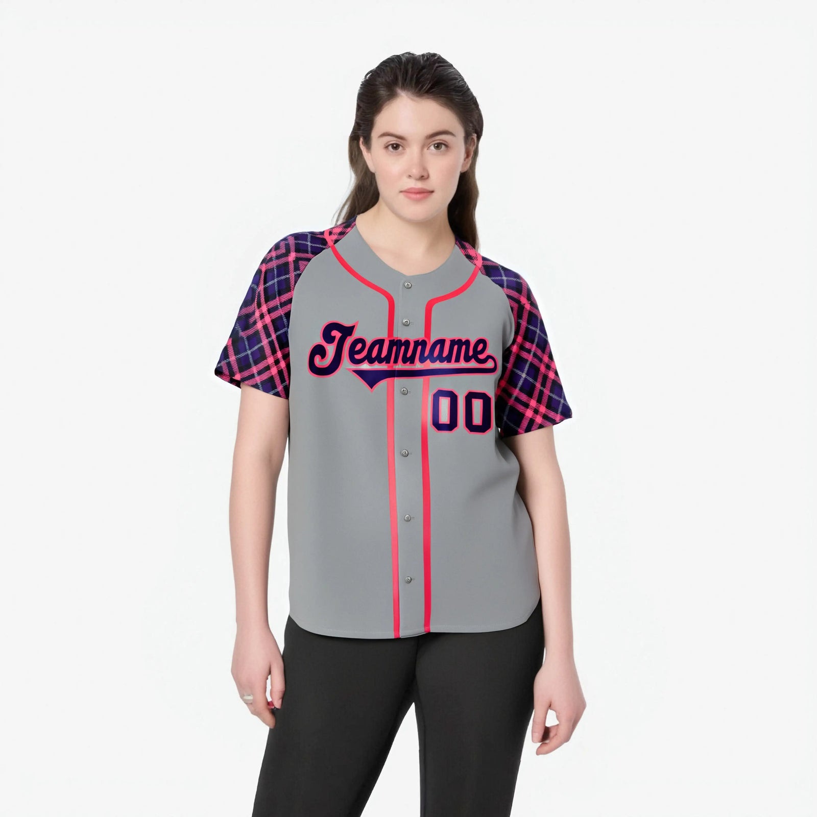 Custom Gray Pink-Purple Authentic Plaid sleeve Baseball Jersey