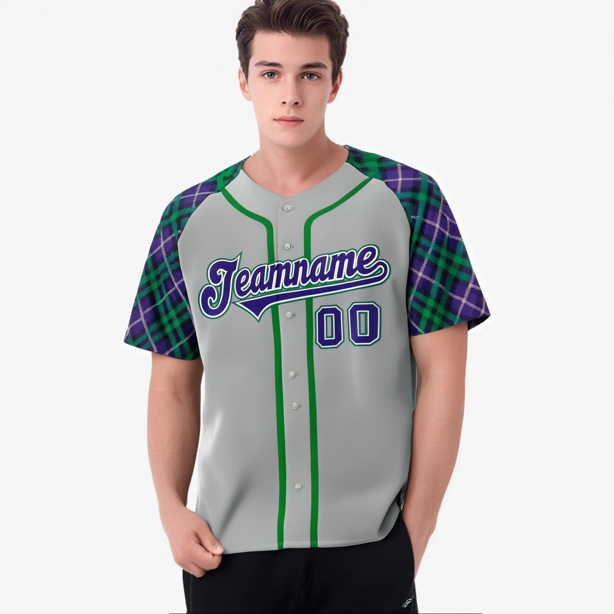 Custom Gray Purple-Green Authentic Plaid sleeve Baseball Jersey