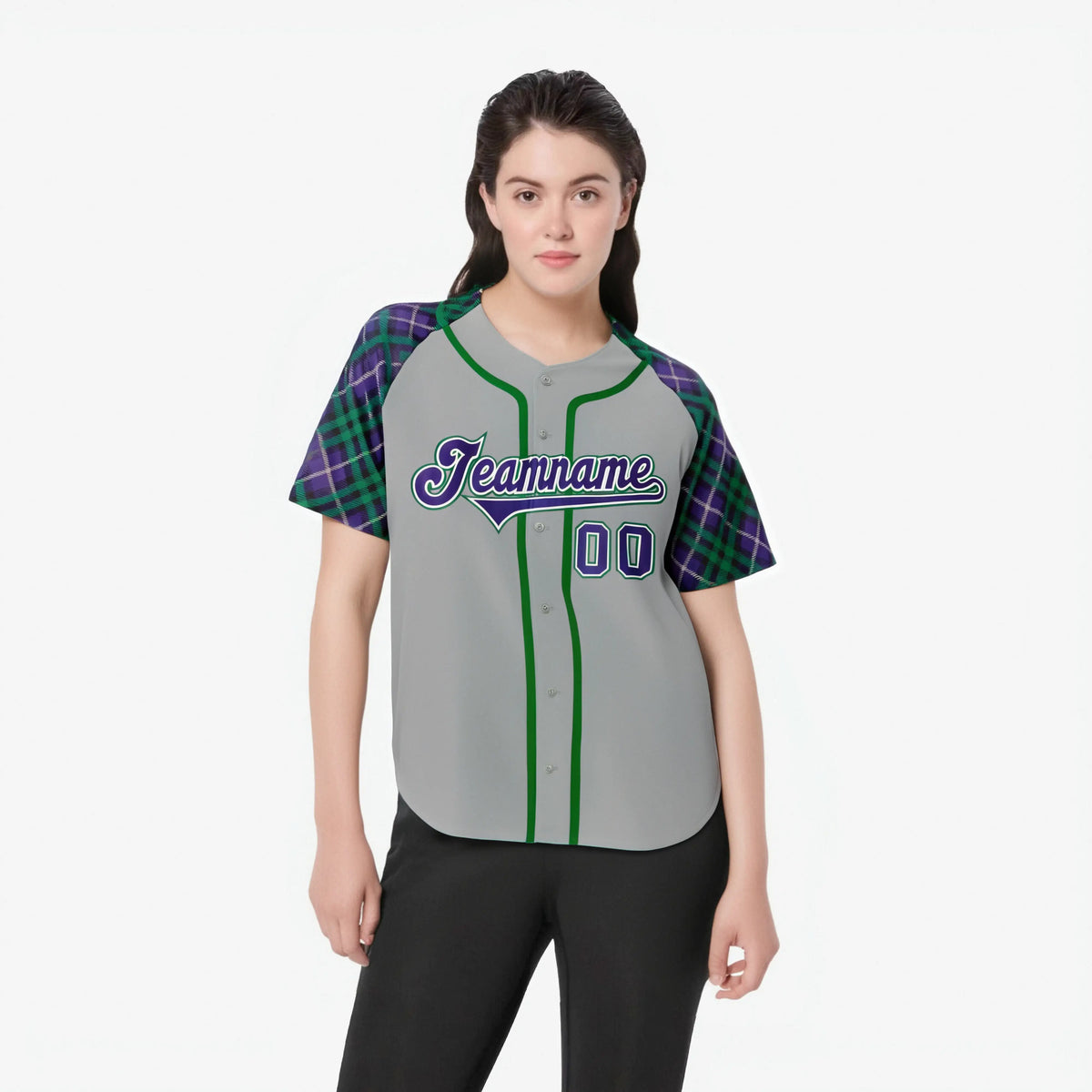 Custom Gray Purple-Green Authentic Plaid sleeve Baseball Jersey