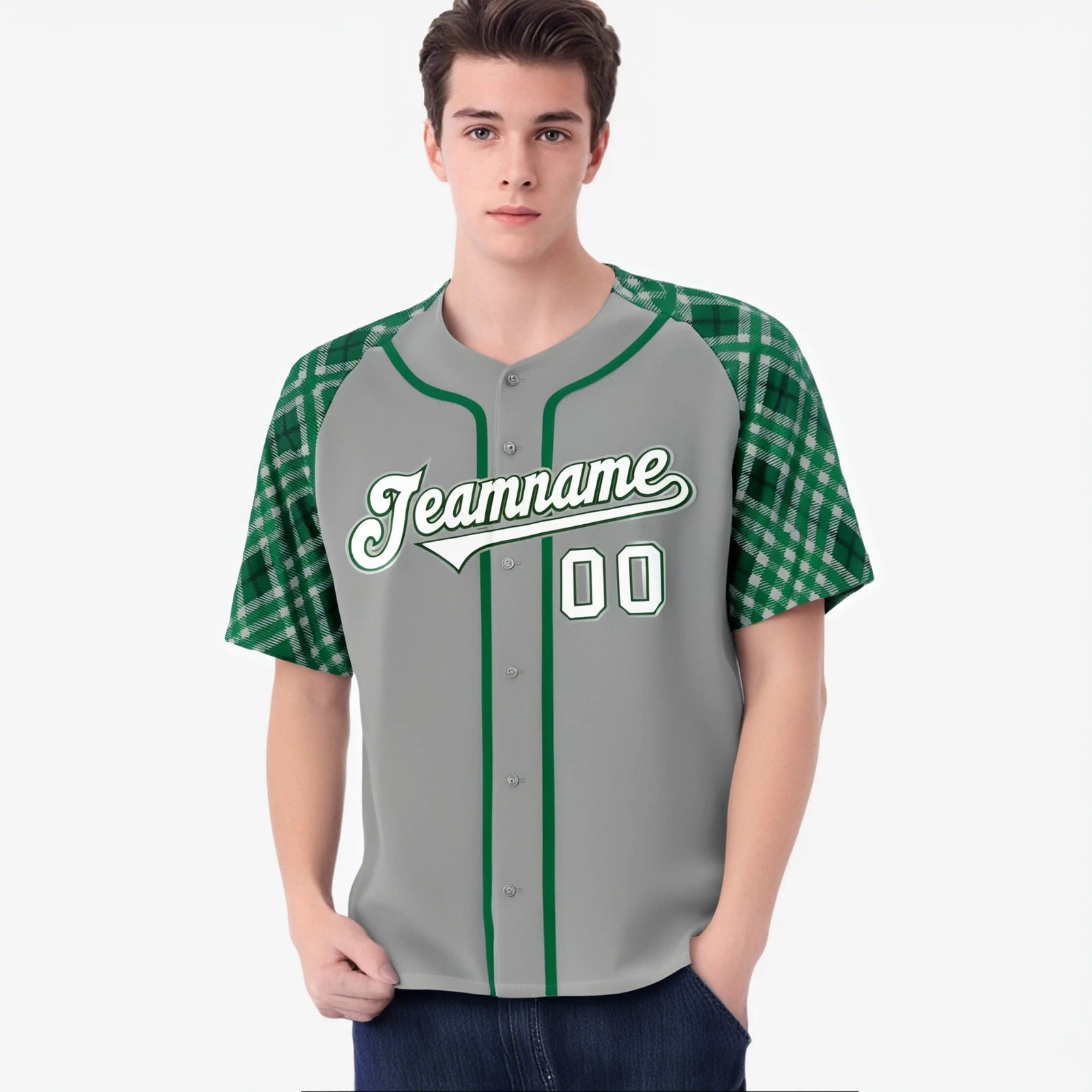 Custom Gray Green-White Authentic Plaid sleeve Baseball Jersey