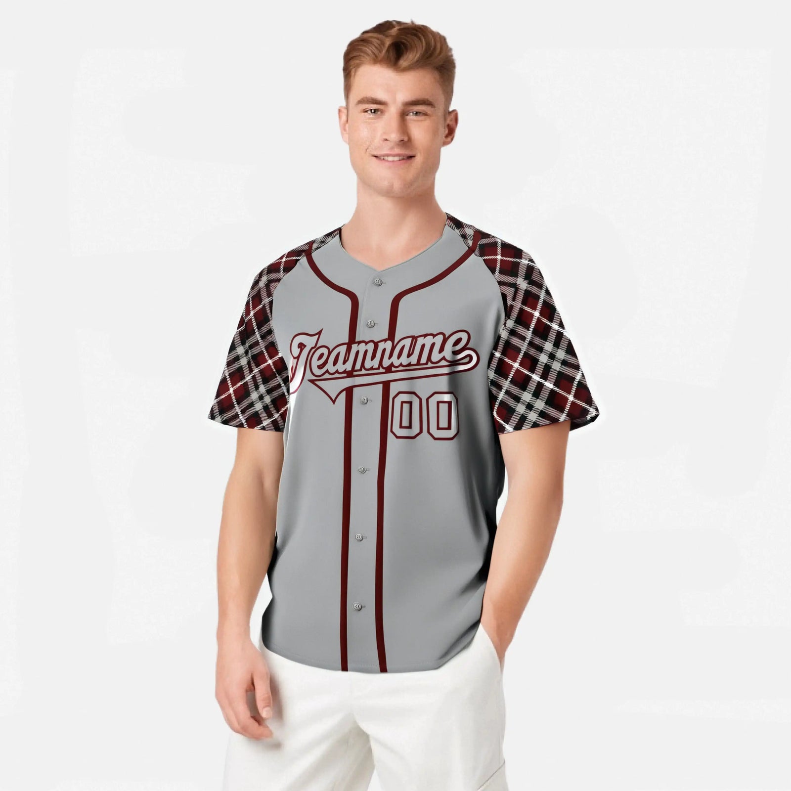 Custom Gray Red-Black Authentic Plaid sleeve Baseball Jersey