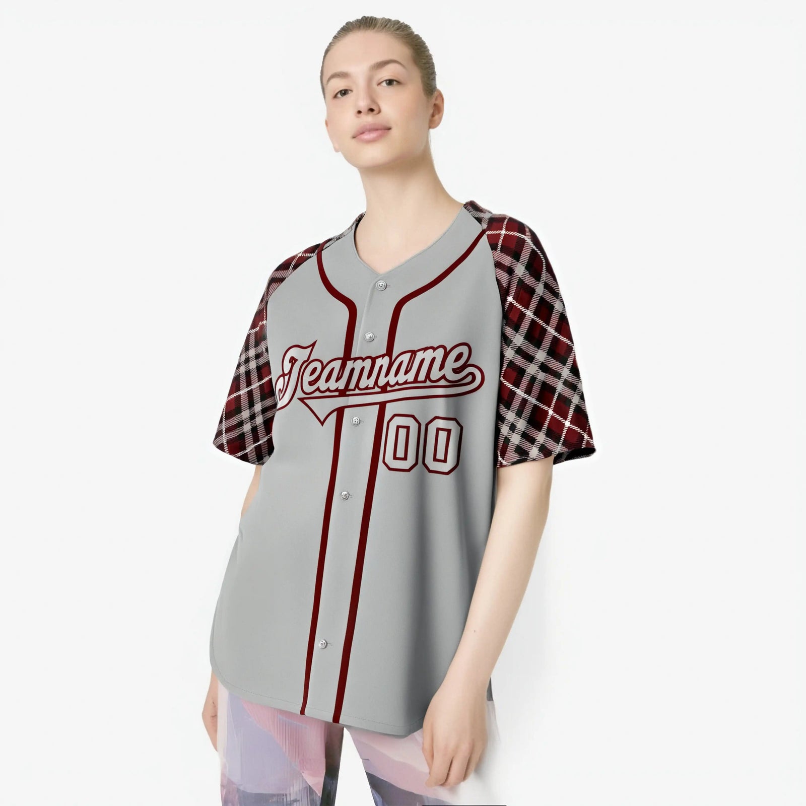 Custom Gray Red-Black Authentic Plaid sleeve Baseball Jersey