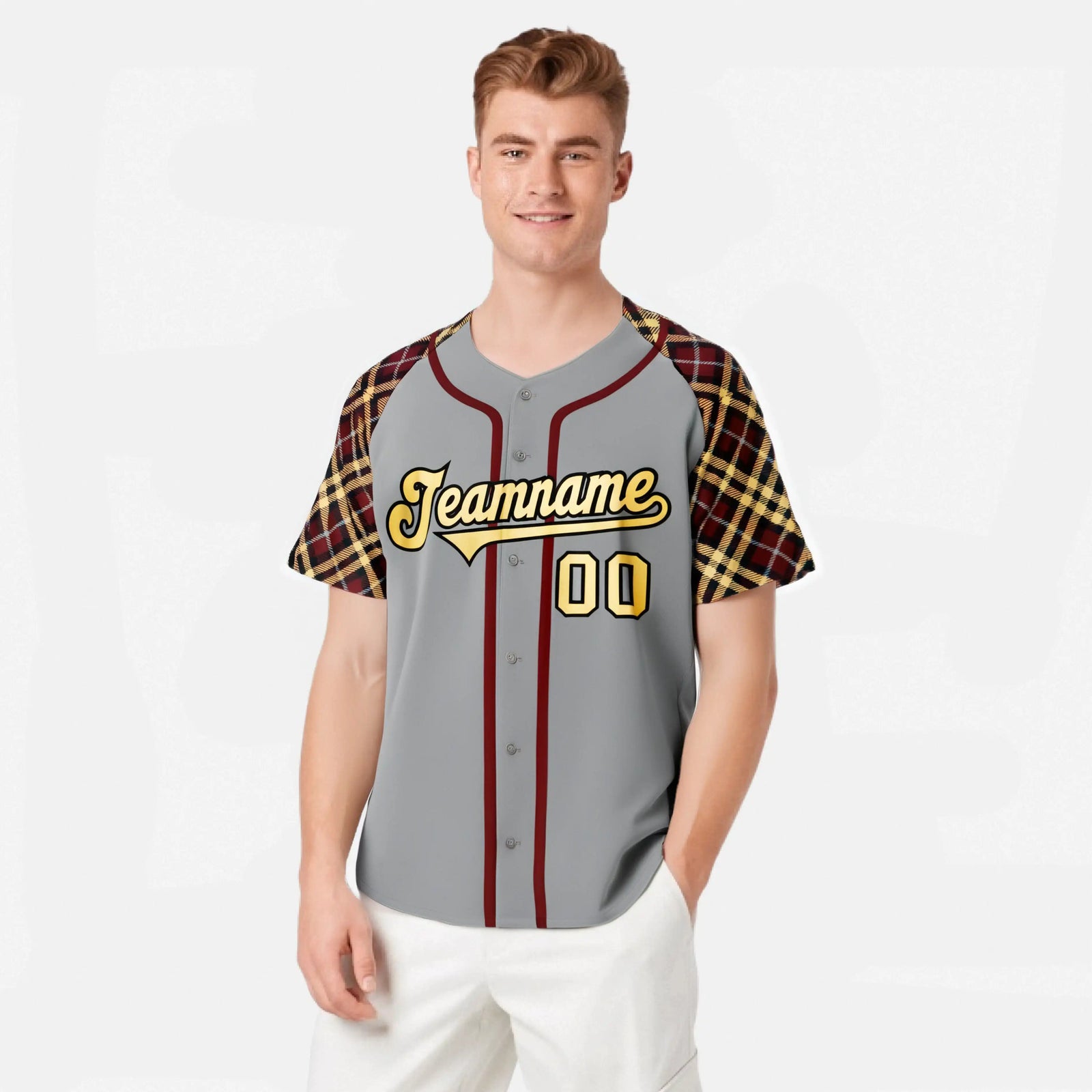 Custom Gray Red-Yellow Authentic Plaid sleeve Baseball Jersey