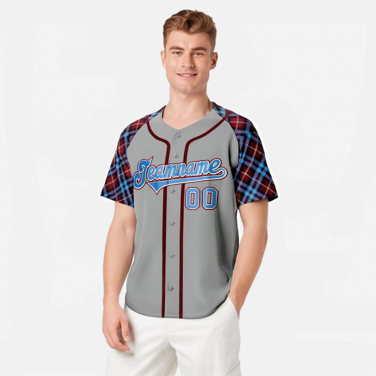 Custom Gray Blue-Red Authentic Plaid sleeve Baseball Jersey