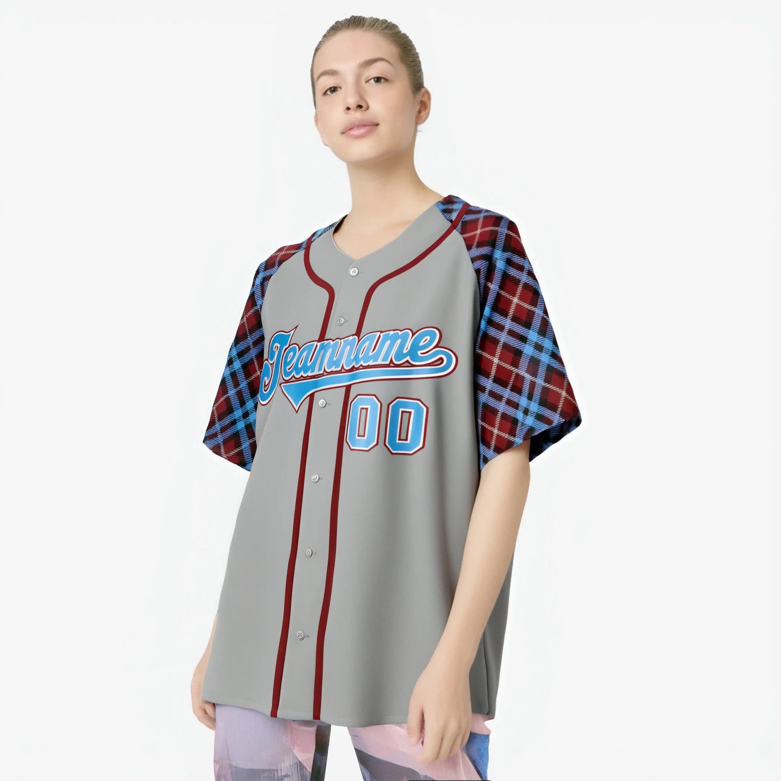 Custom Gray Blue-Red Authentic Plaid sleeve Baseball Jersey