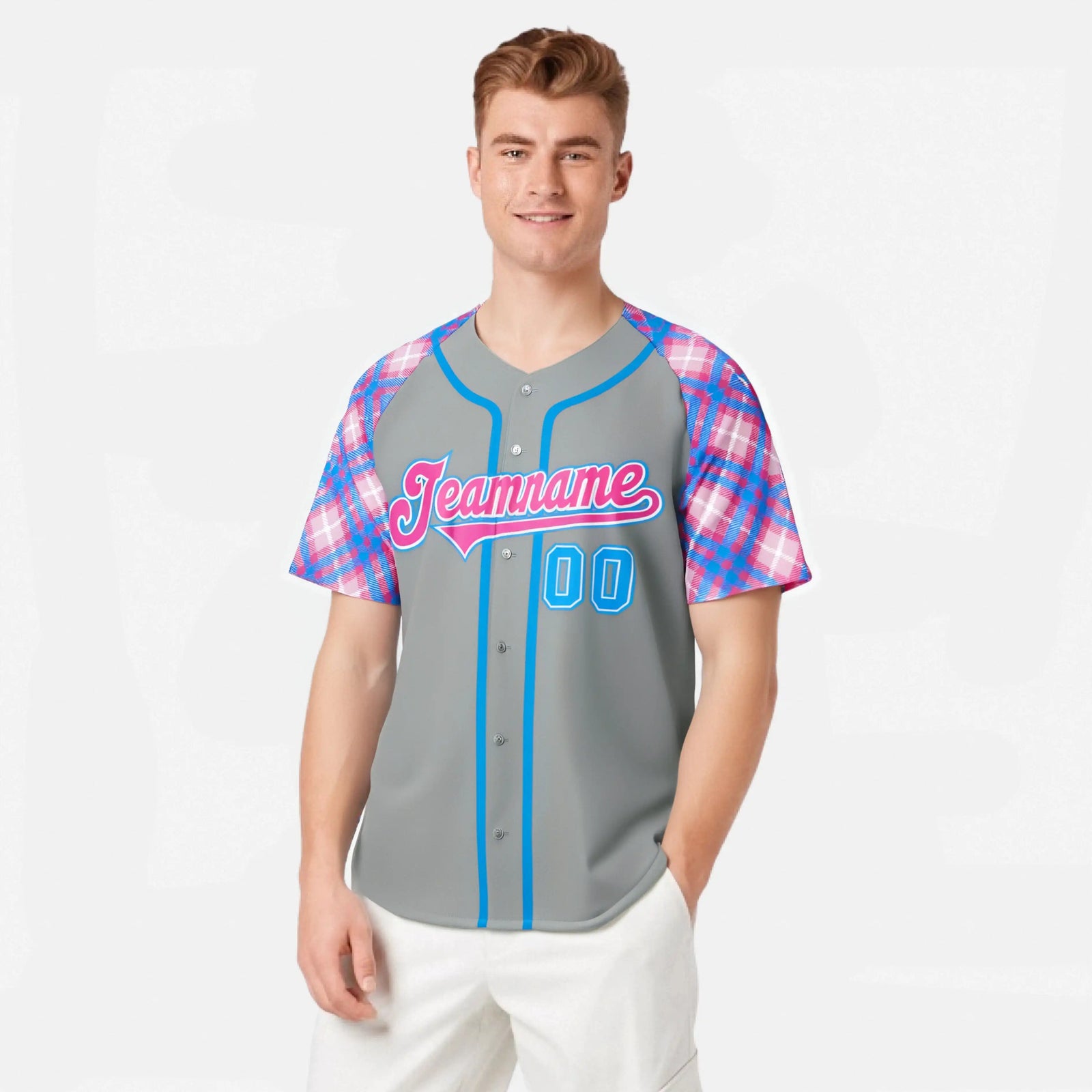 Custom Gray Blue-Pink Authentic Plaid sleeve Baseball Jersey