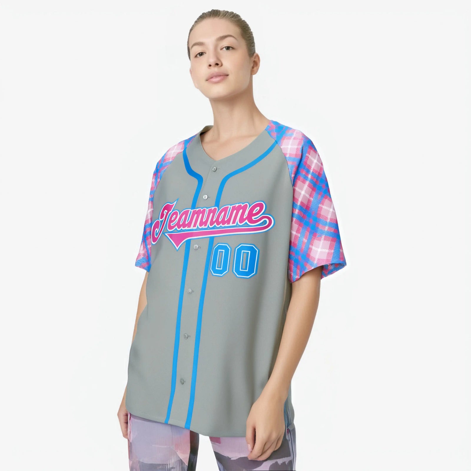 Custom Gray Blue-Pink Authentic Plaid sleeve Baseball Jersey