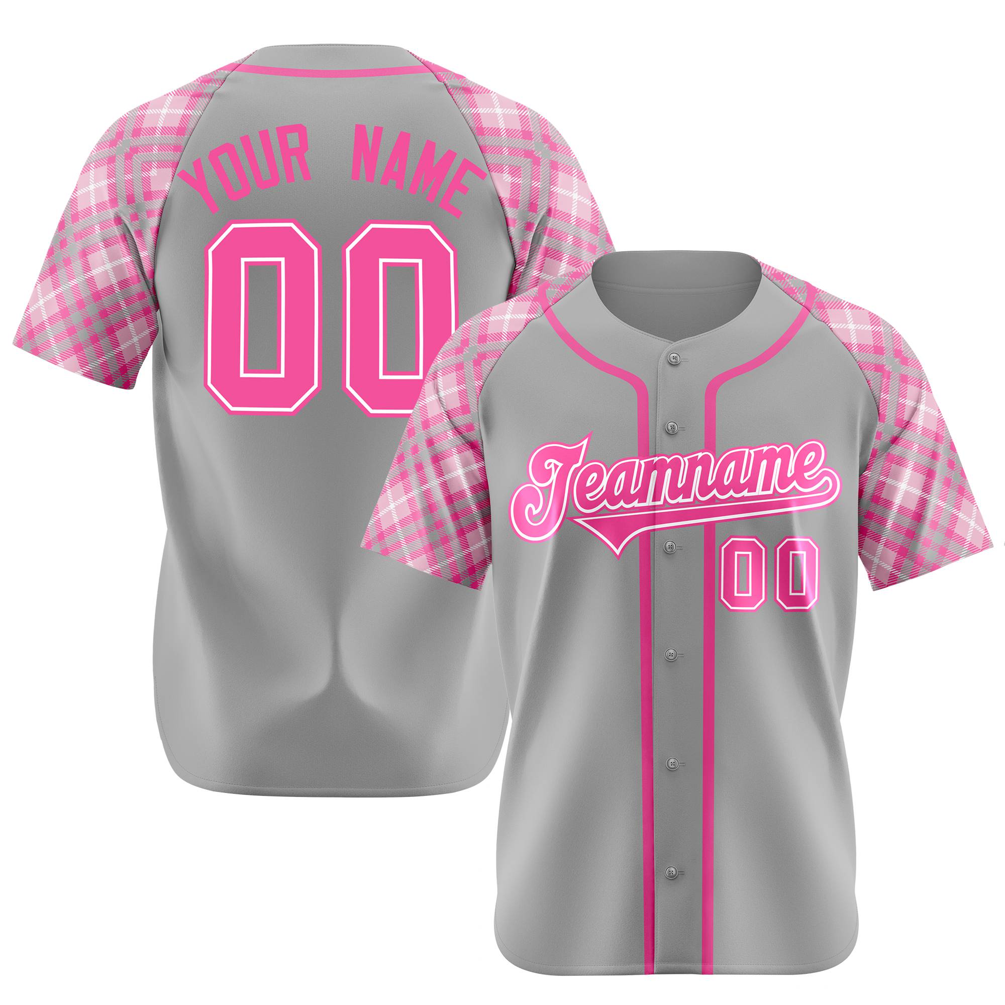 Custom Gray Pink-White Authentic Plaid sleeve Baseball Jersey