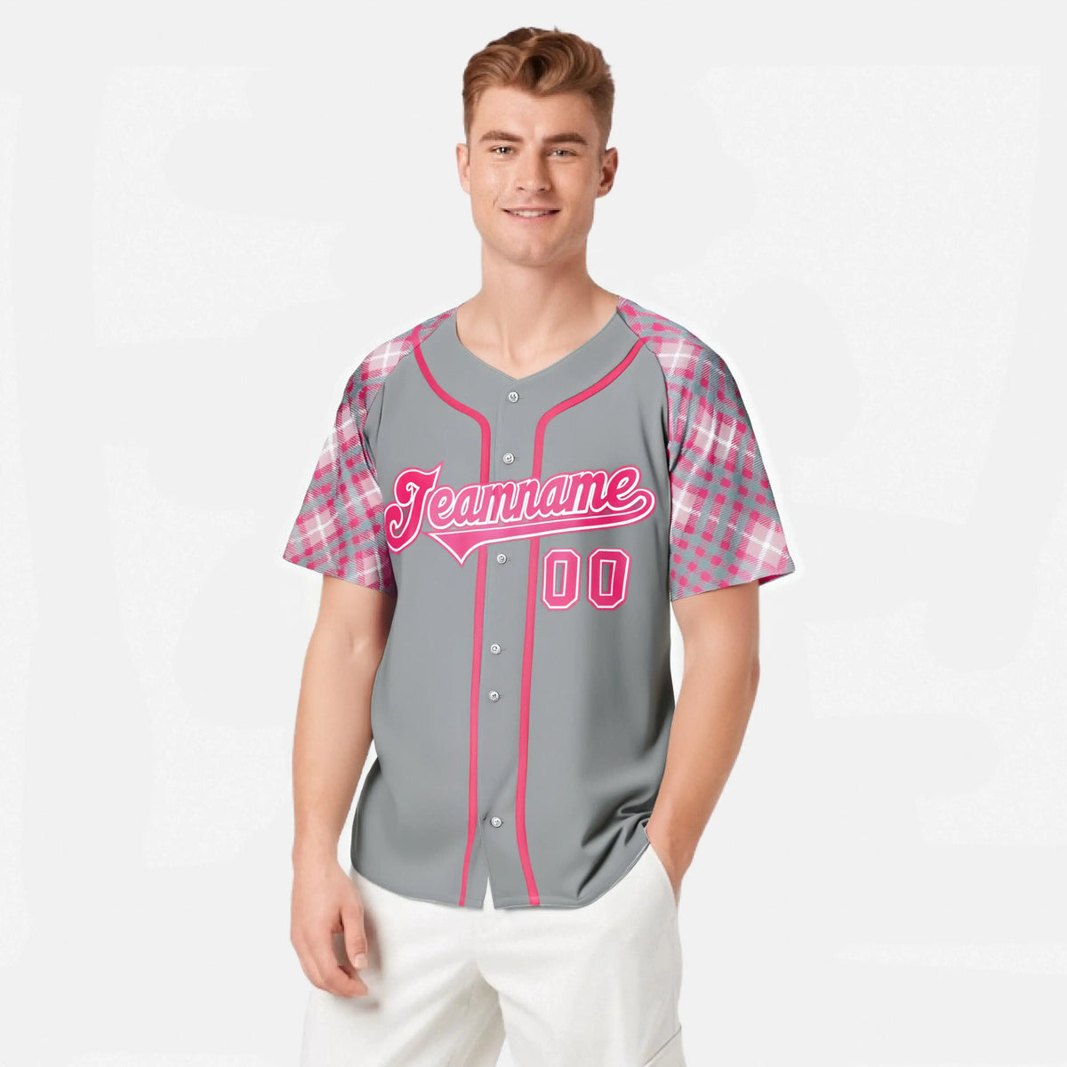 Custom Gray Pink-White Authentic Plaid sleeve Baseball Jersey