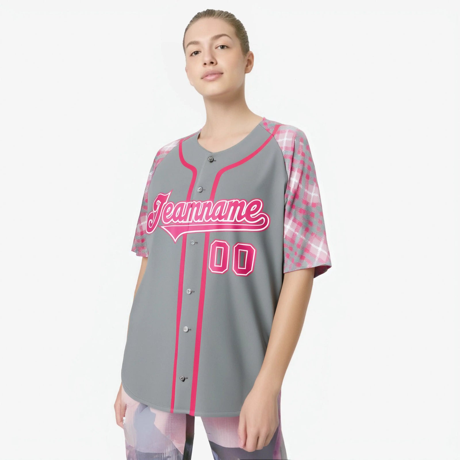 Custom Gray Pink-White Authentic Plaid sleeve Baseball Jersey