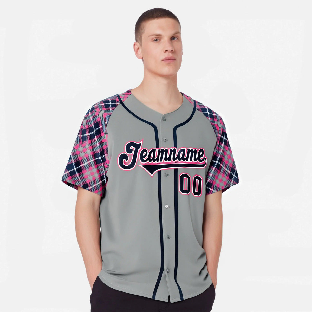 Custom Gray Pink-Navy Authentic Plaid sleeve Baseball Jersey