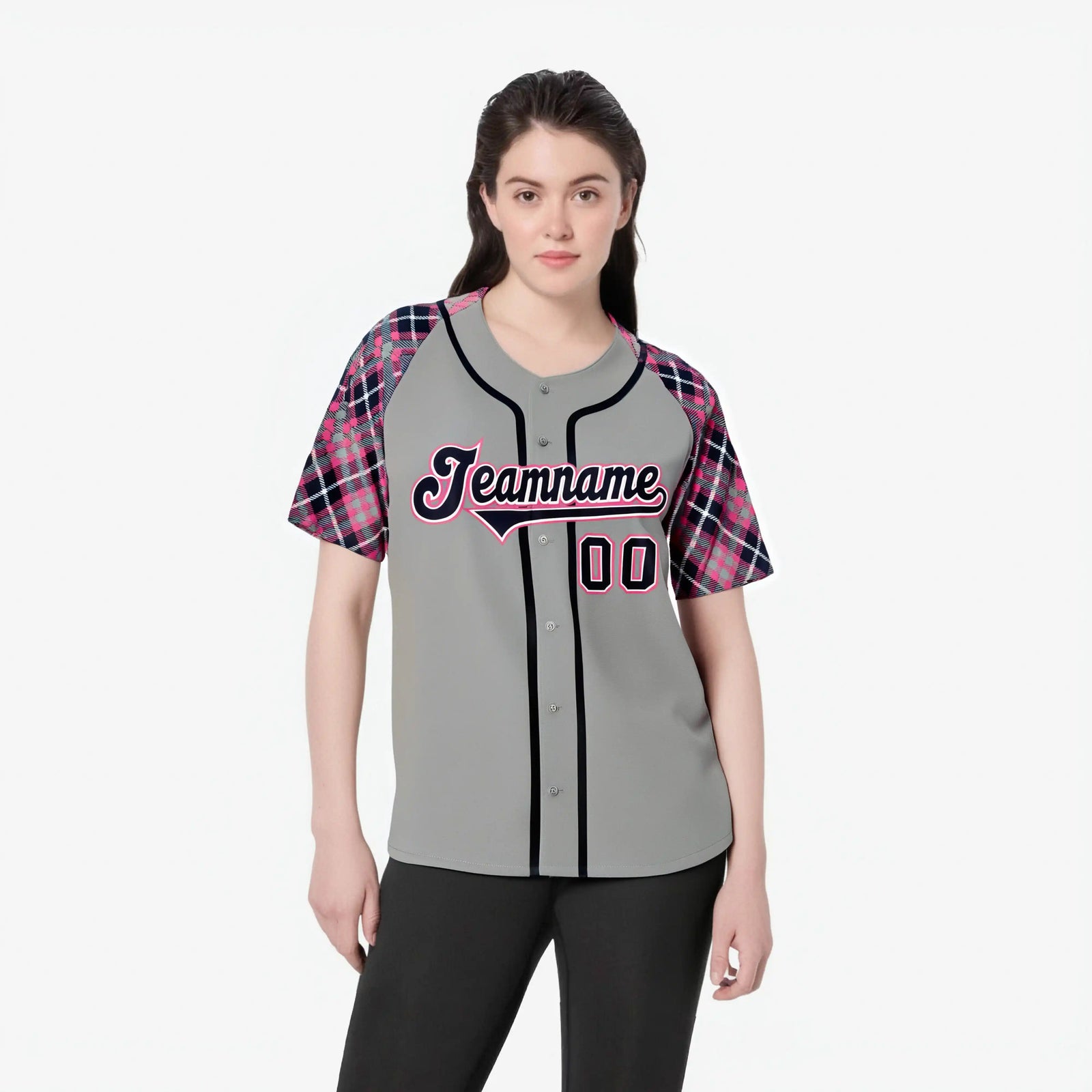 Custom Gray Pink-Navy Authentic Plaid sleeve Baseball Jersey