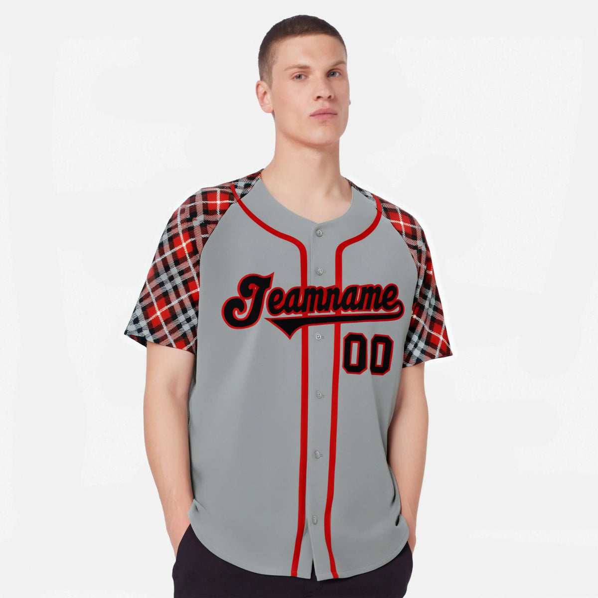 Custom Gray Fire Red Black Authentic Plaid sleeve Baseball Jersey