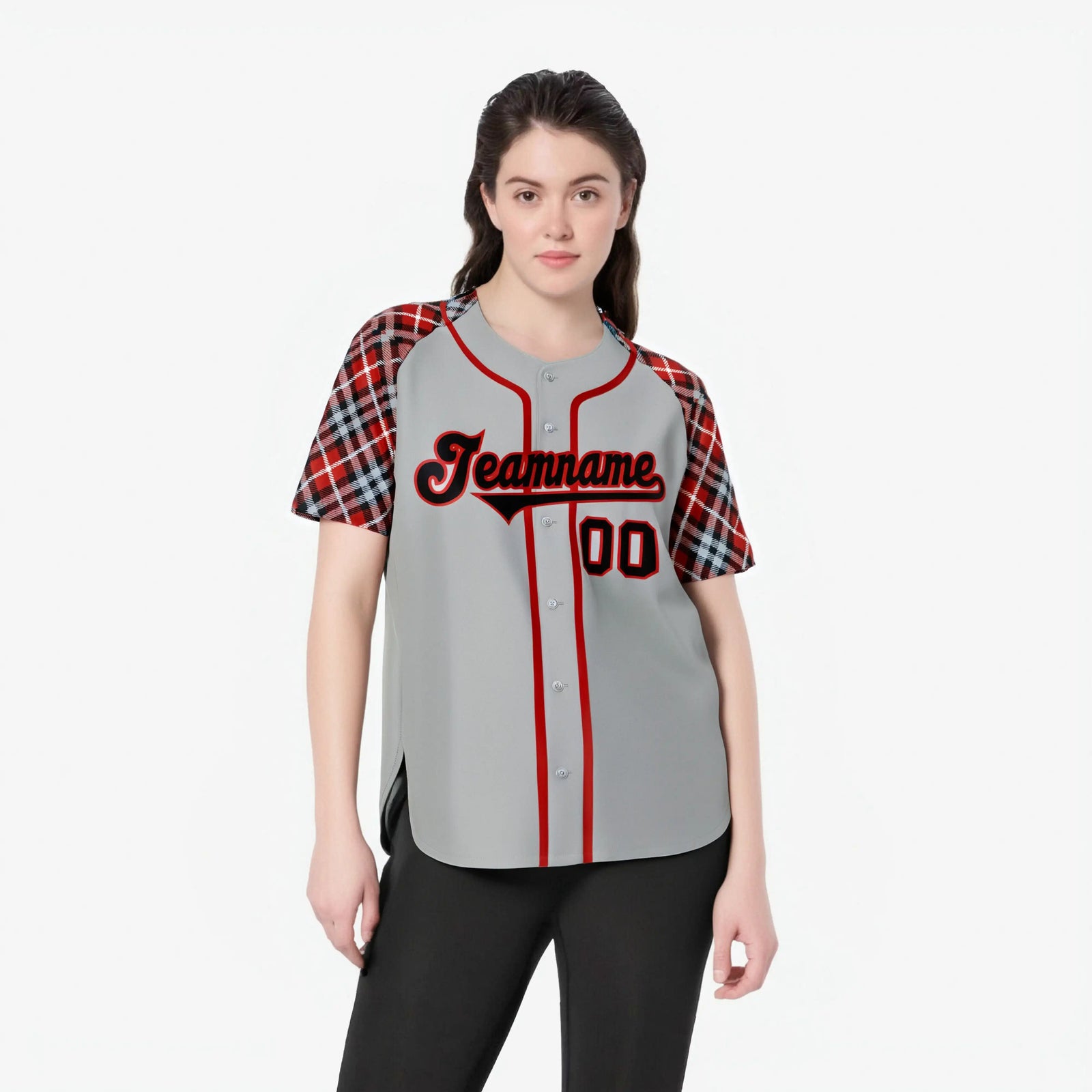 Custom Gray Fire Red Black Authentic Plaid sleeve Baseball Jersey