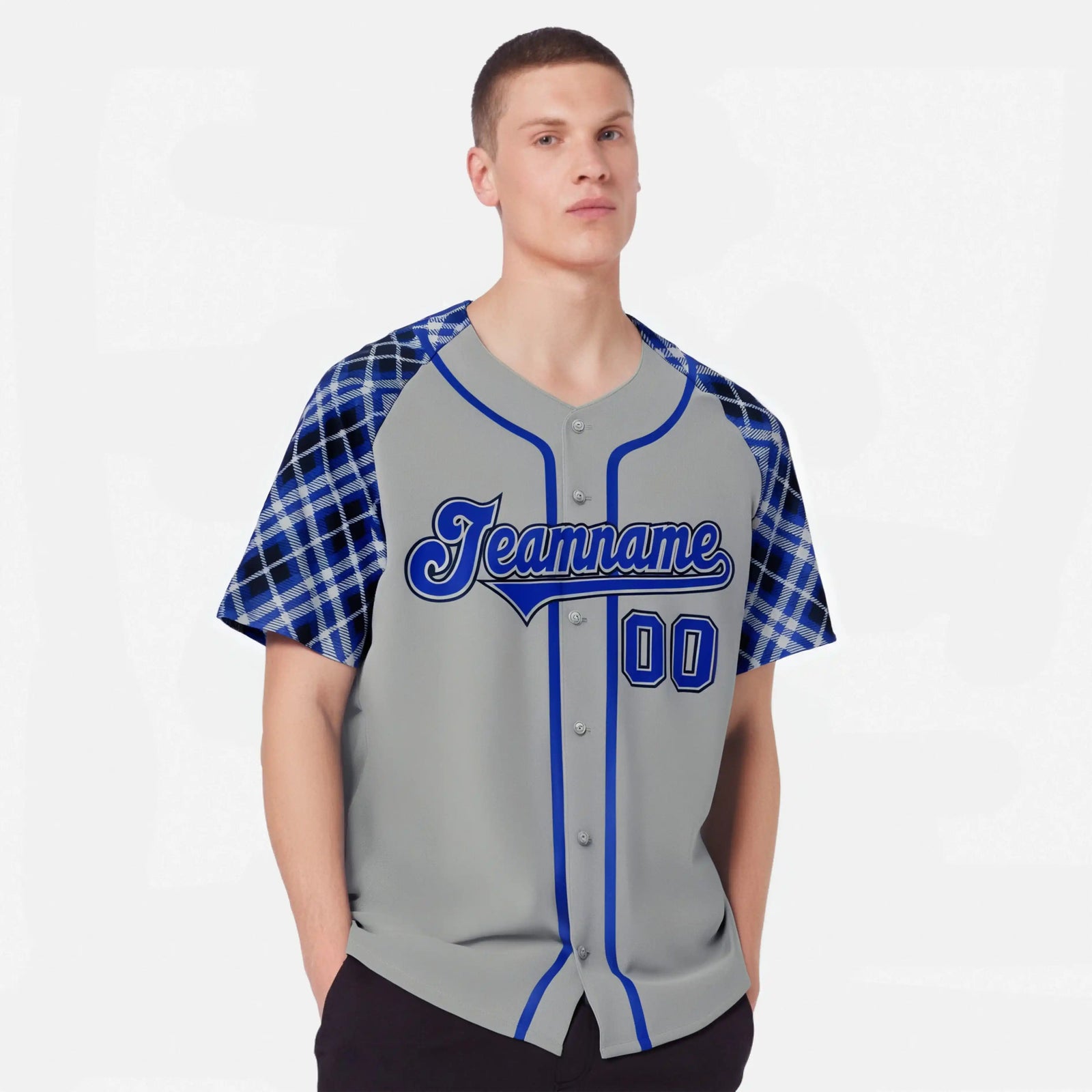 Custom Gray Purple-Navy Authentic Plaid sleeve Baseball Jersey