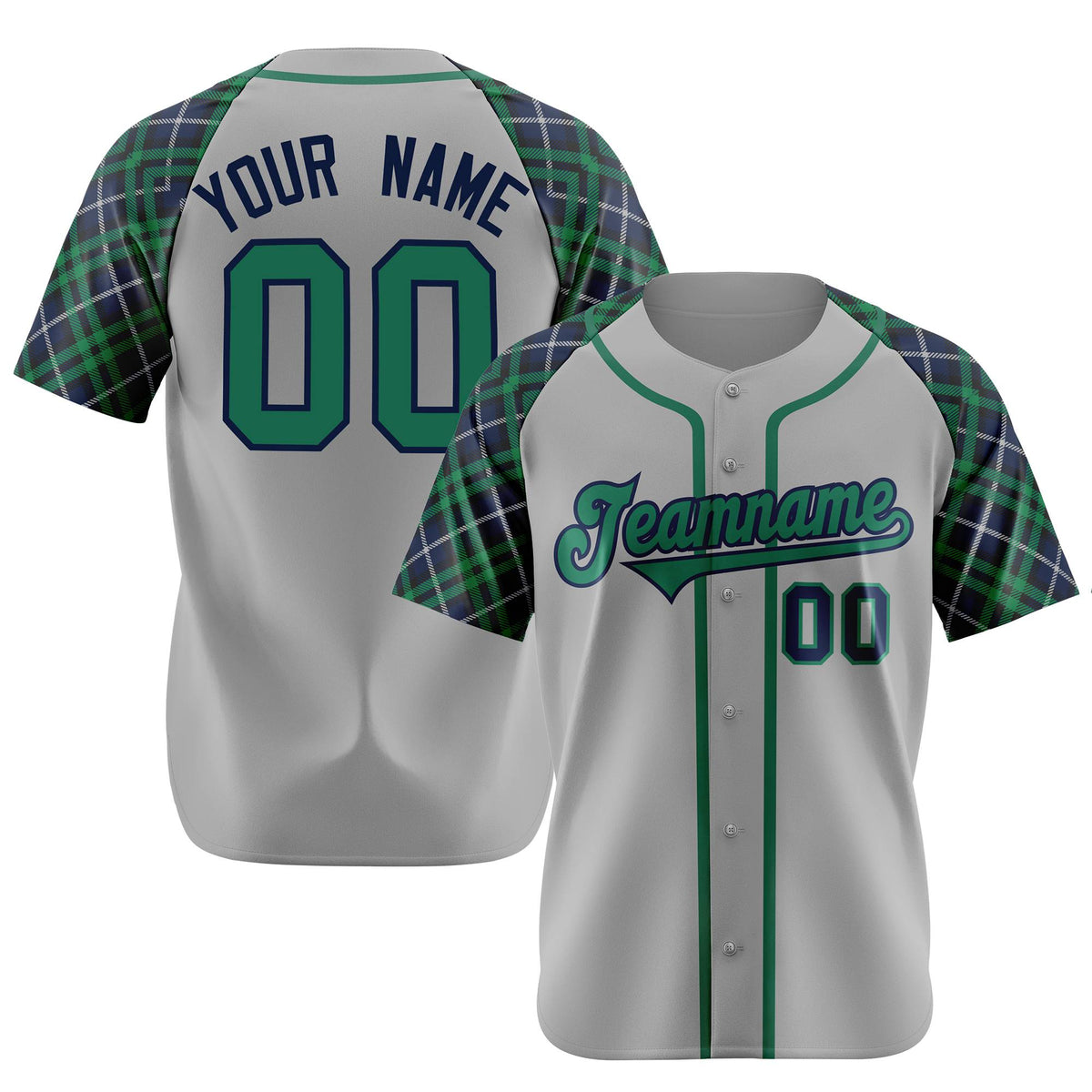 Custom Gray Green-Navy Authentic Plaid sleeve Baseball Jersey