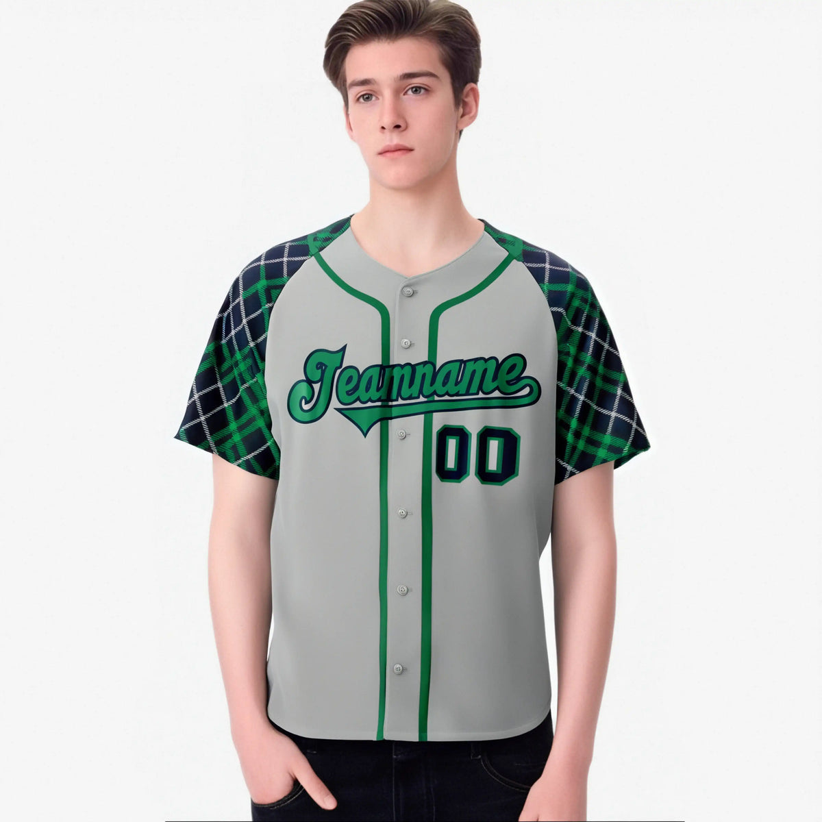 Custom Gray Green-Navy Authentic Plaid sleeve Baseball Jersey