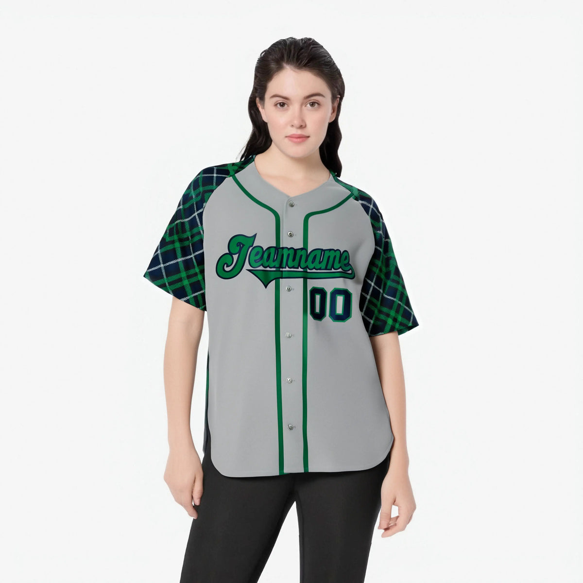 Custom Gray Green-Navy Authentic Plaid sleeve Baseball Jersey