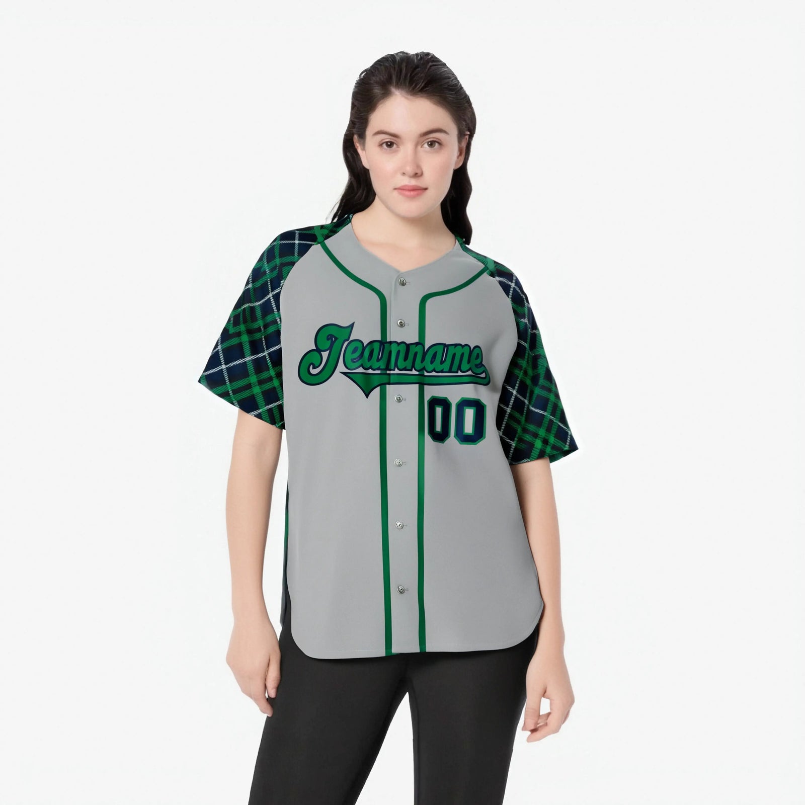 Custom Gray Green-Navy Authentic Plaid sleeve Baseball Jersey