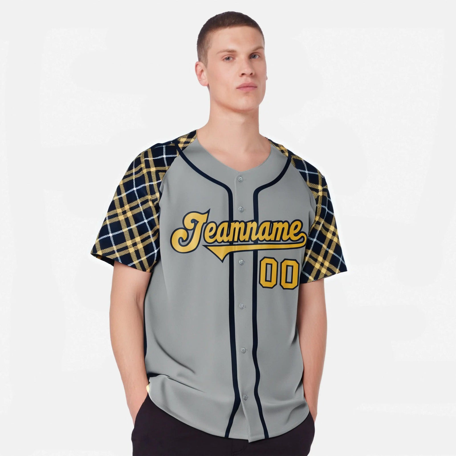Custom Gray Old-Gold Navy Authentic Plaid sleeve Baseball Jersey