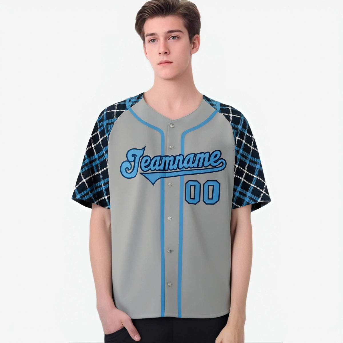 Custom Gray Blue-Navy Authentic Plaid sleeve Baseball Jersey
