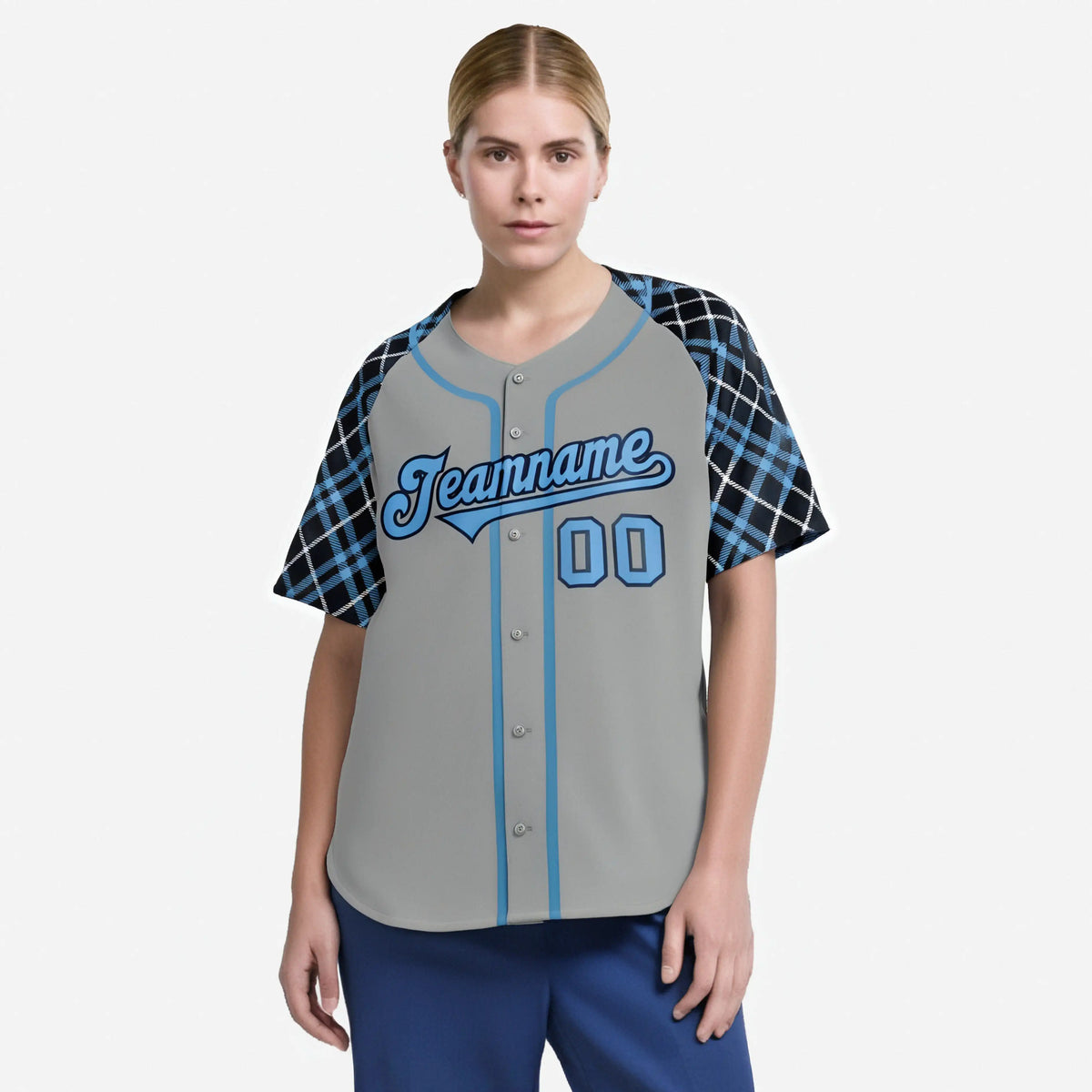 Custom Gray Blue-Navy Authentic Plaid sleeve Baseball Jersey