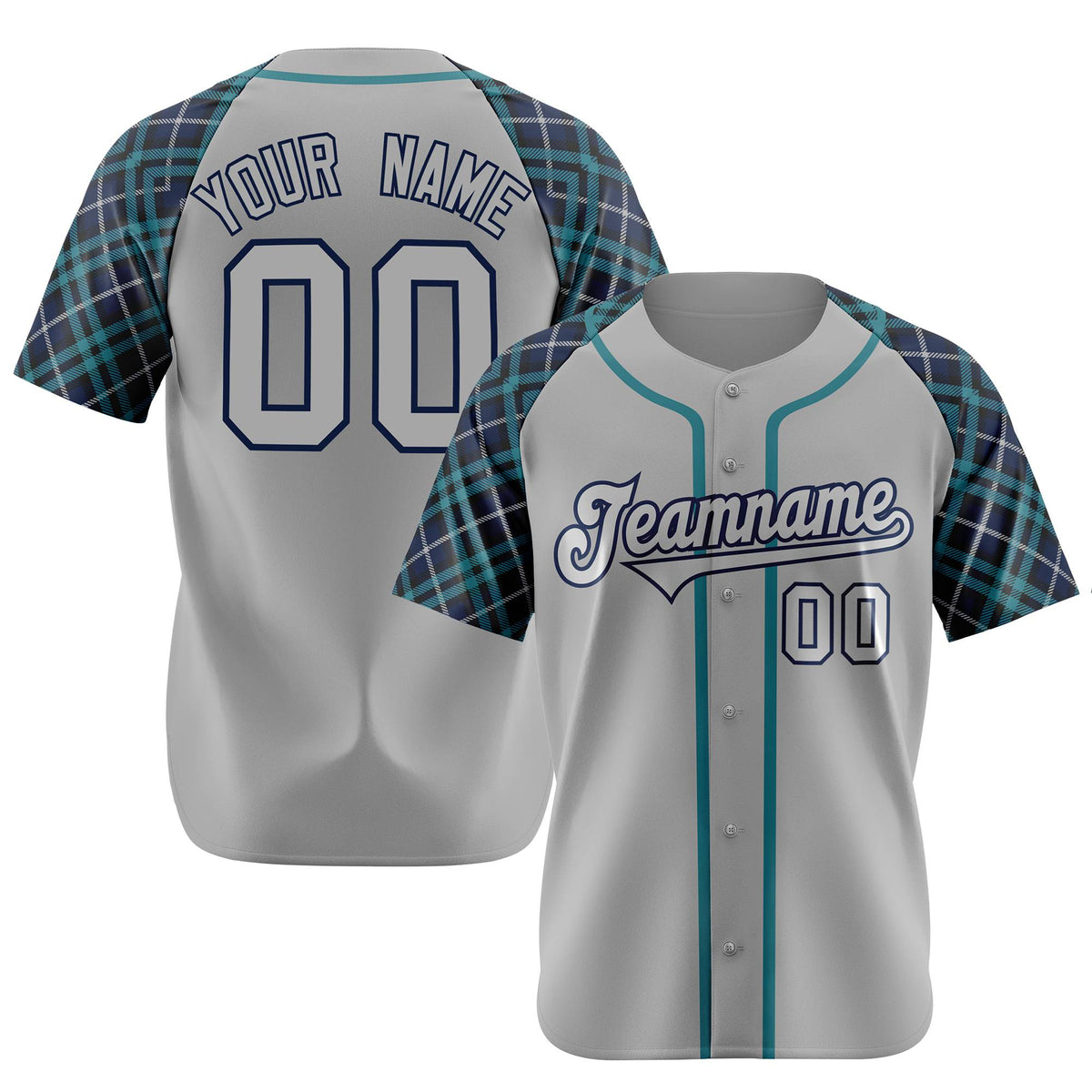 Custom Gray Green-Navy Authentic Plaid sleeve Baseball Jersey