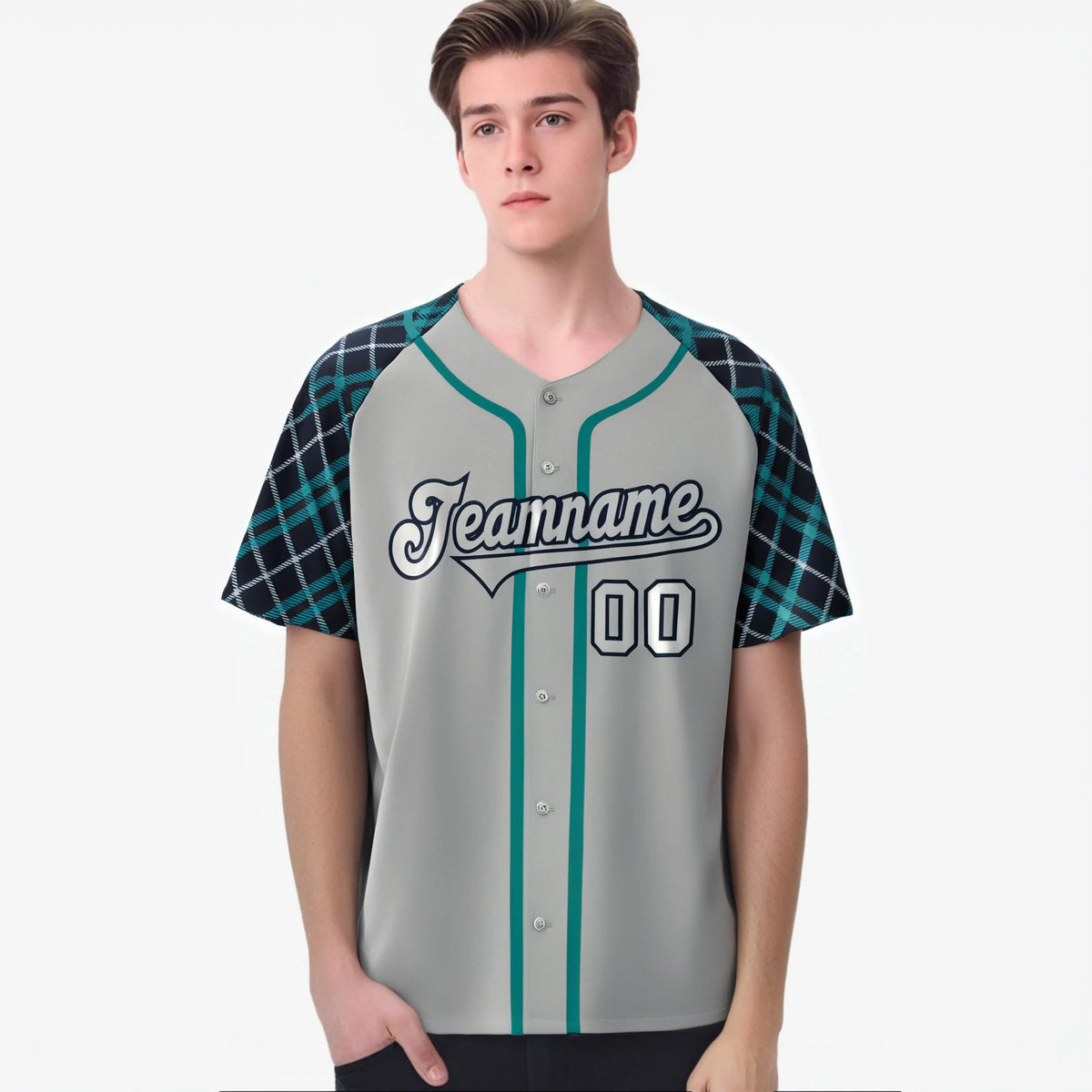Custom Gray Green-Navy Authentic Plaid sleeve Baseball Jersey