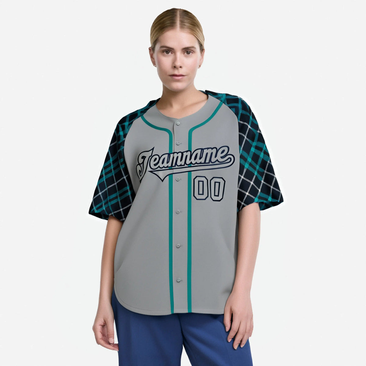 Custom Gray Green-Navy Authentic Plaid sleeve Baseball Jersey