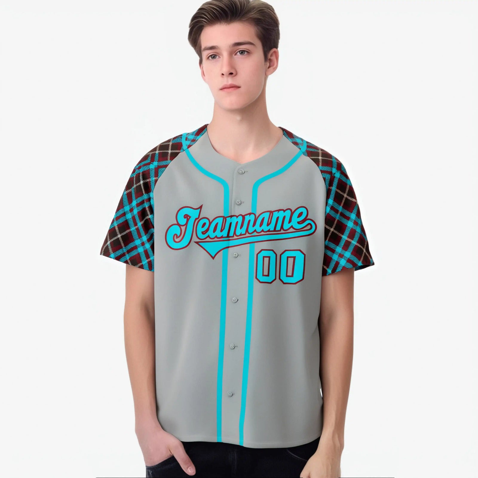 Custom Gray Blue-Brown Authentic Plaid sleeve Baseball Jersey