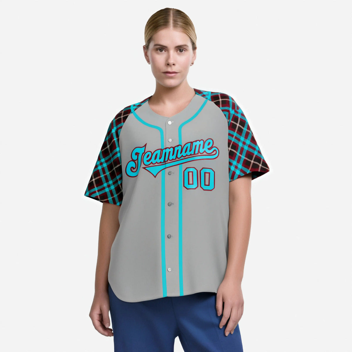 Custom Gray Blue-Brown Authentic Plaid sleeve Baseball Jersey