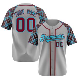 Camiseta de béisbol personalizada con mangas a cuadros auténticas en gris carmesí - Style 1