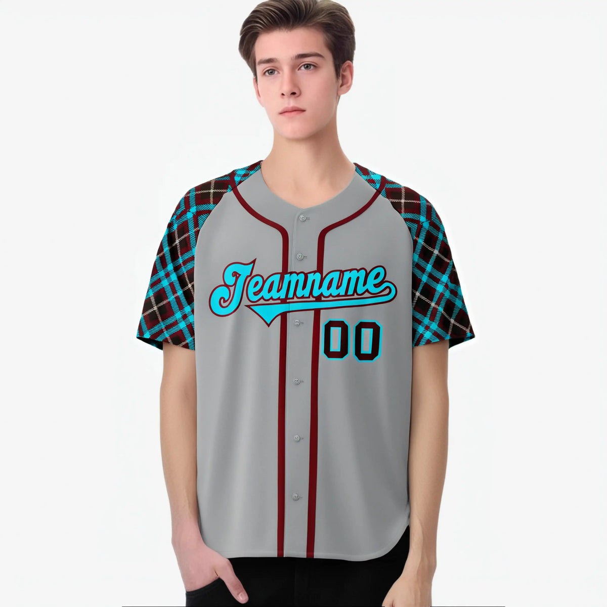 Custom Gray Blue-Crimson Authentic Plaid sleeve Baseball Jersey