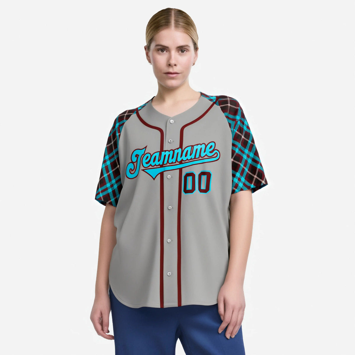 Custom Gray Blue-Crimson Authentic Plaid sleeve Baseball Jersey