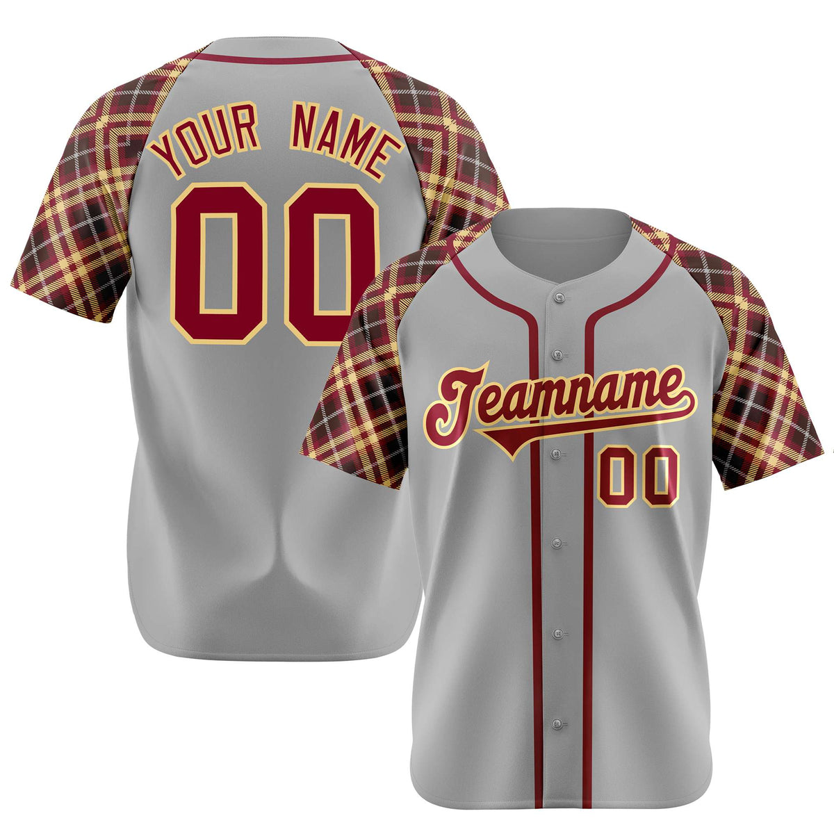 Custom Gray Crimson-Yellow Authentic Plaid sleeve Baseball Jersey