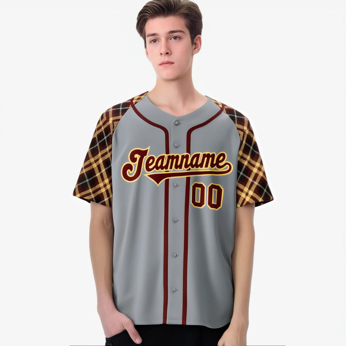 Custom Gray Crimson-Yellow Authentic Plaid sleeve Baseball Jersey