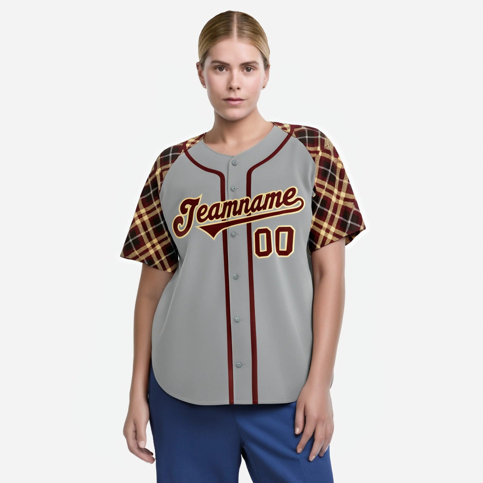 Custom Gray Crimson-Yellow Authentic Plaid sleeve Baseball Jersey