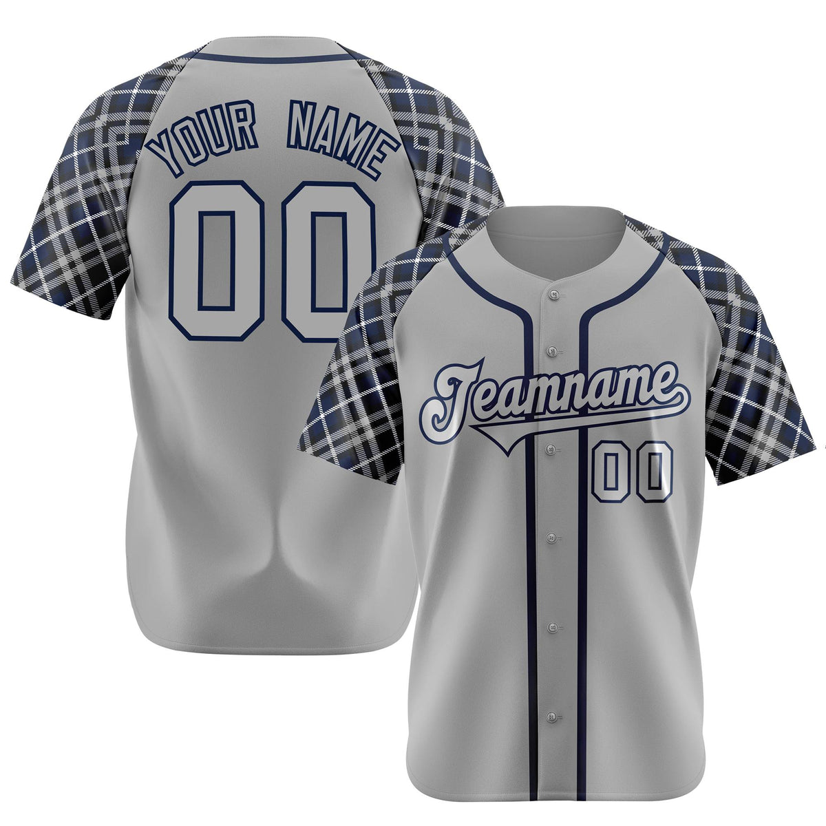 Custom Gray Navy-Black Authentic Plaid sleeve Baseball Jersey